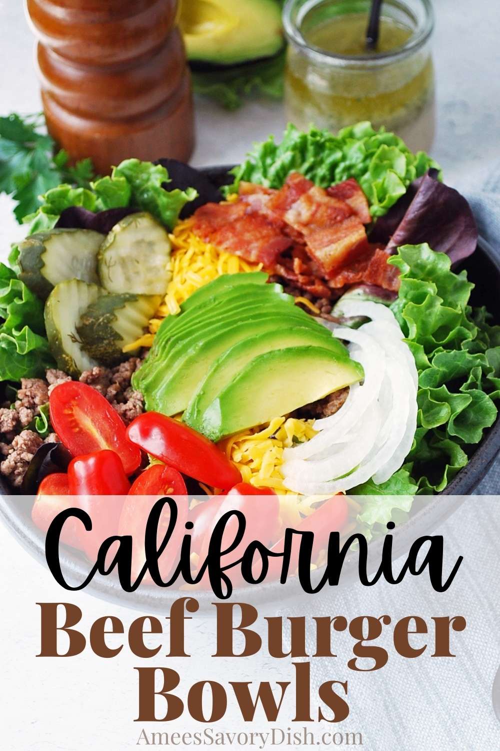 #Sponsored This easy recipe for California Beef Burger Bowls is packed with all the tasty goodness of a California burger in a hearty salad topped with a flavorful ranch vinaigrette dressing. This delicious Beef recipe is on the table in 20 minutes or less! @beeffordinner #NicelyDone #BeefFarmersandRanchers #NationalBeefBurgerDay #BeefBurger via @Ameessavorydish