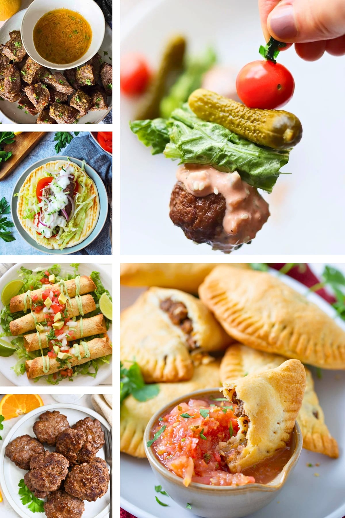 collage photo of easy ground beef recipes cooked in an air fryer