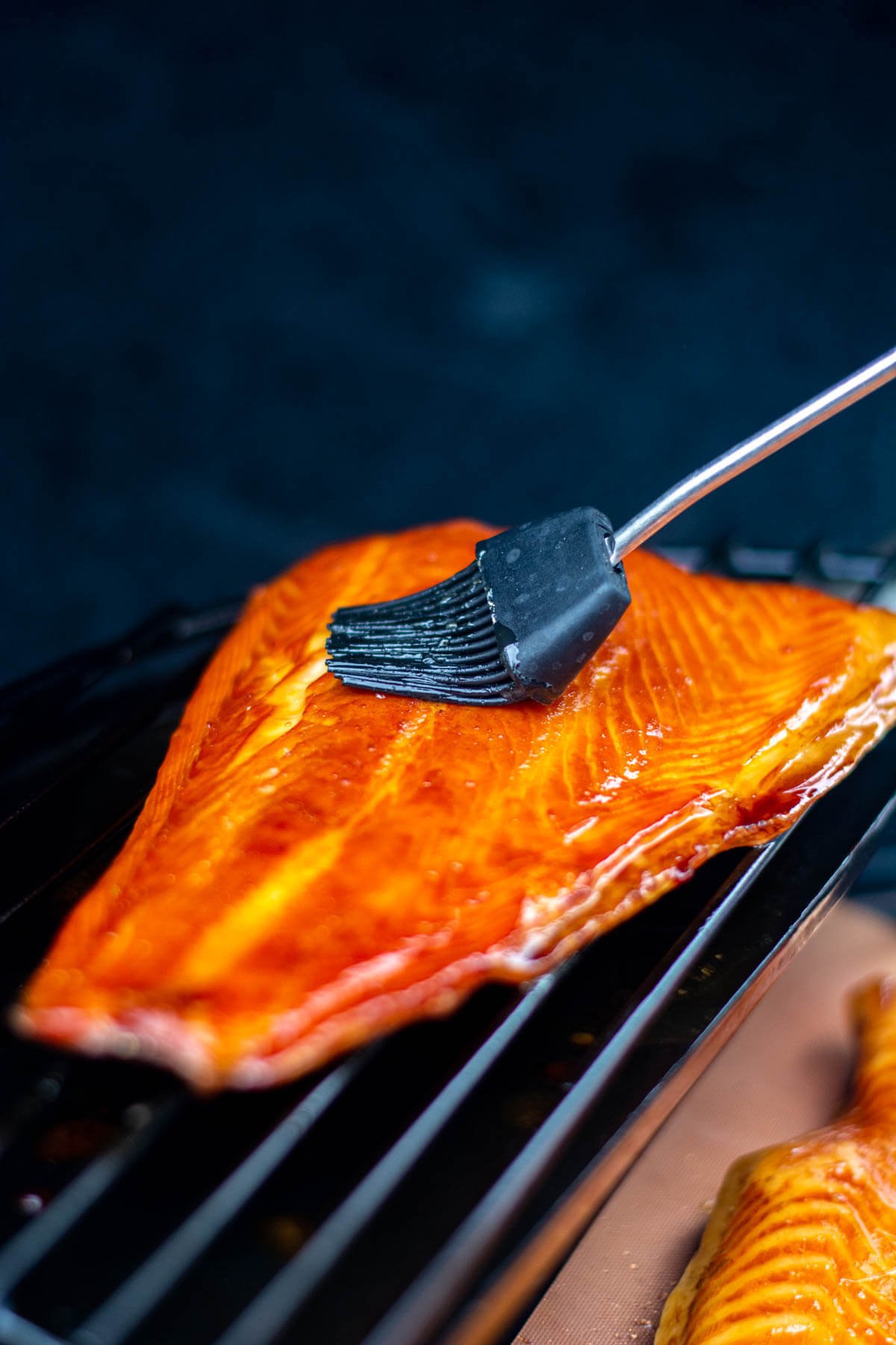 smoked salmon brushed with glaze on a Big Green Egg