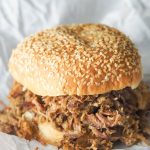 close up photo of a pulled pork sandwich