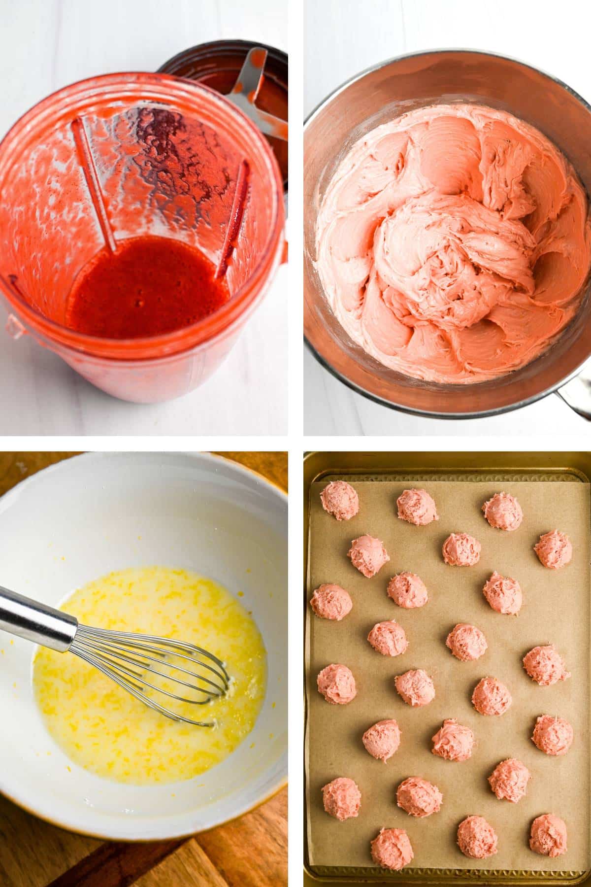 a collage of steps to make strawberry cake mix cookies with lemon