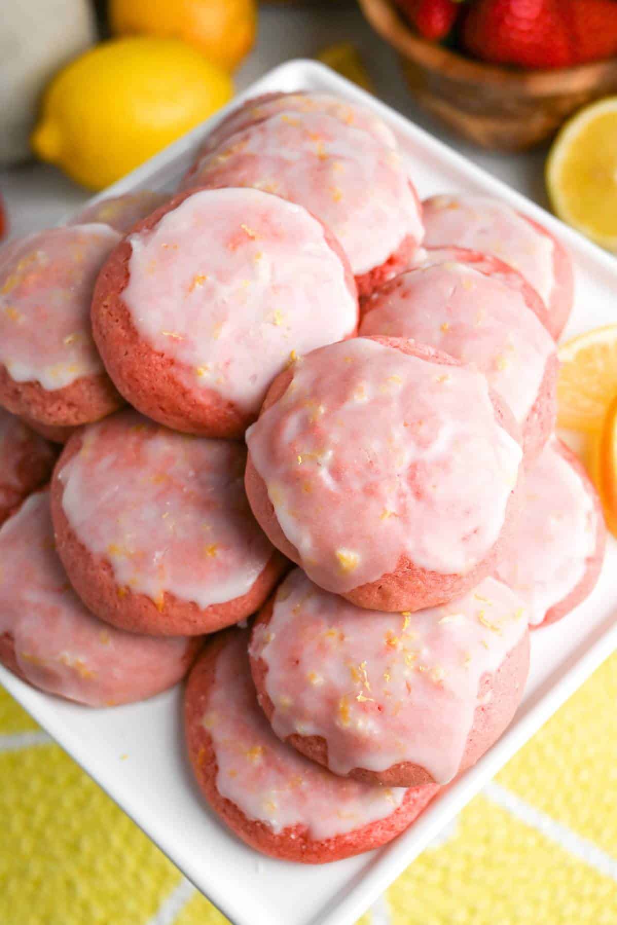 a platter of lemon glazed strawberry cookies