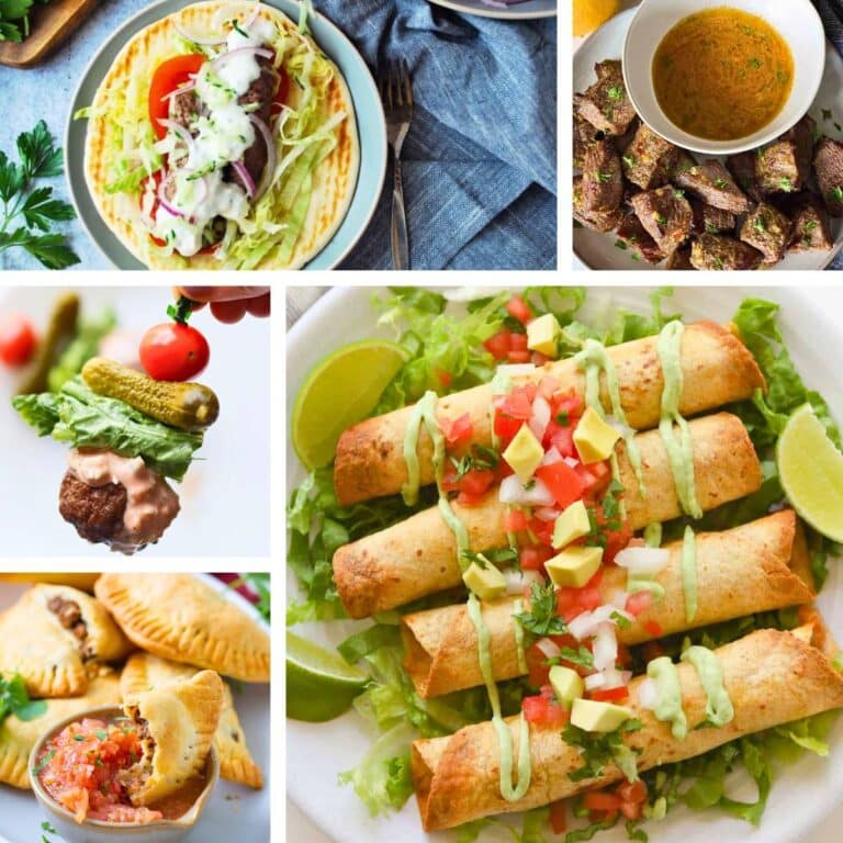 collage of 5 ground beef air fryer recipe photos