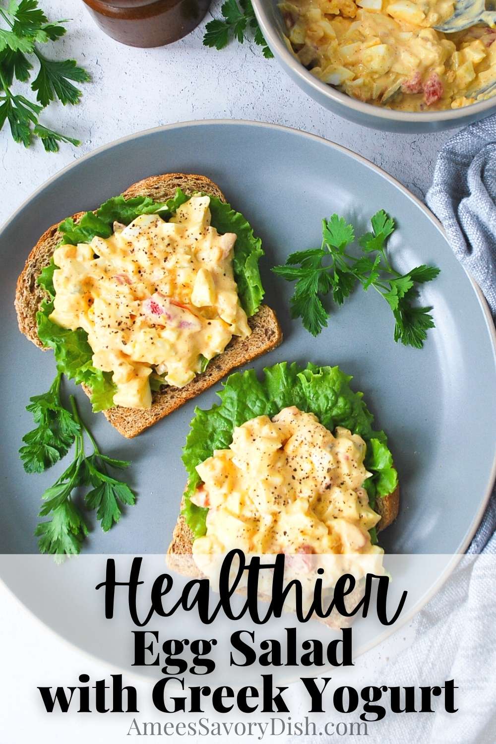 A simple recipe for egg salad made with Greek yogurt, mayonnaise, dijon mustard, relish, and roasted red peppers.  This tasty egg salad recipe is perfect for meal prep! via @Ameessavorydish