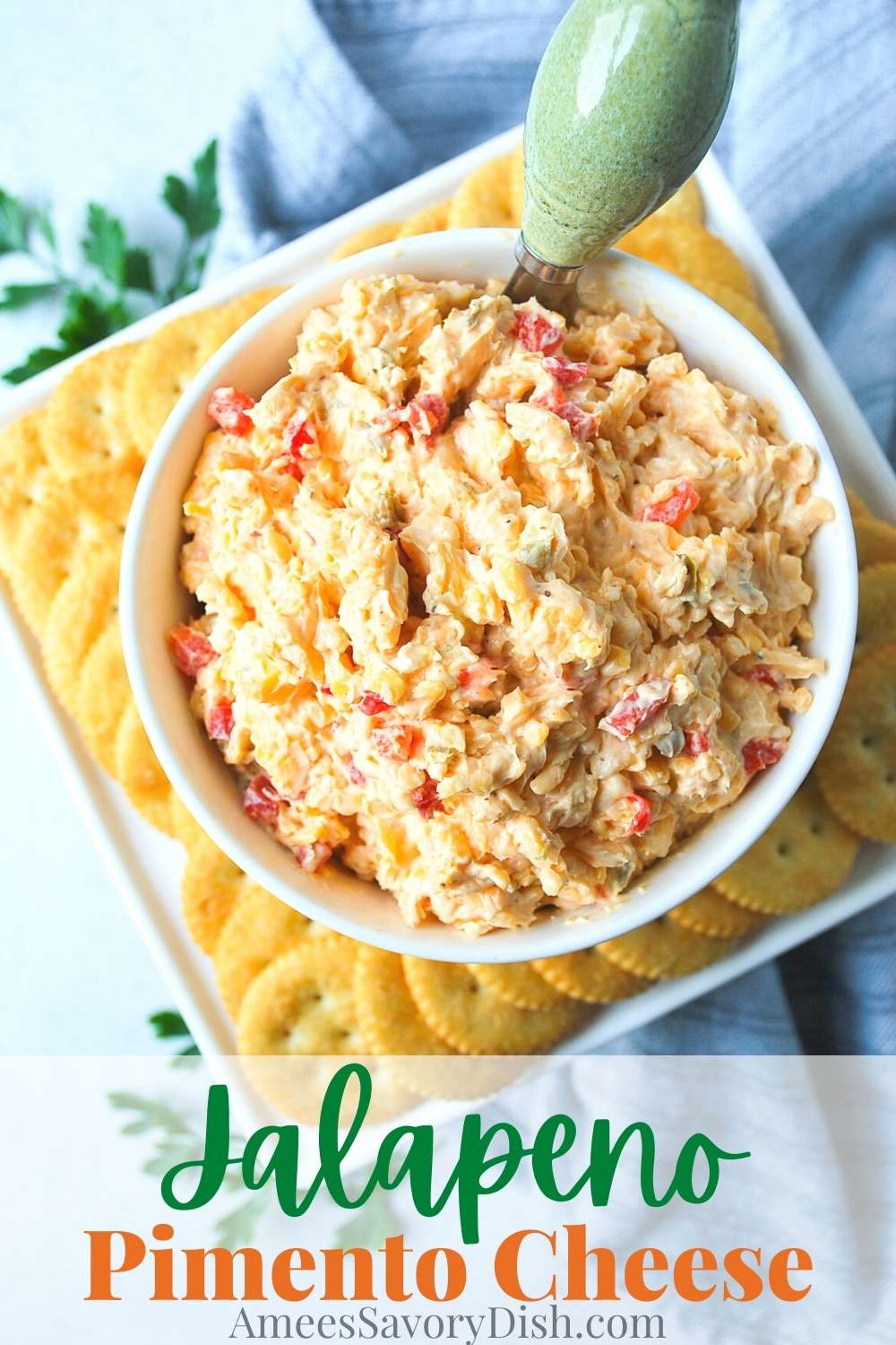 A recipe for jalapeño pimento cheese, a spicy twist on a southern classic. You can leave out the jalapeños for a classic version of this tasty spread. via @Ameessavorydish