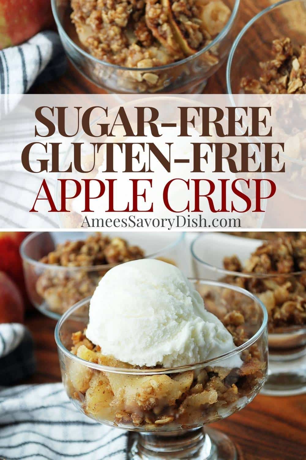 Sugar-Free Apple Crisp -sweet and spiced baked apples topped with a perfectly crisped oat and flour crisp topping, just as delicious as the original. This healthy apple crisp is the best variation of a classic fall favorite! via @Ameessavorydish