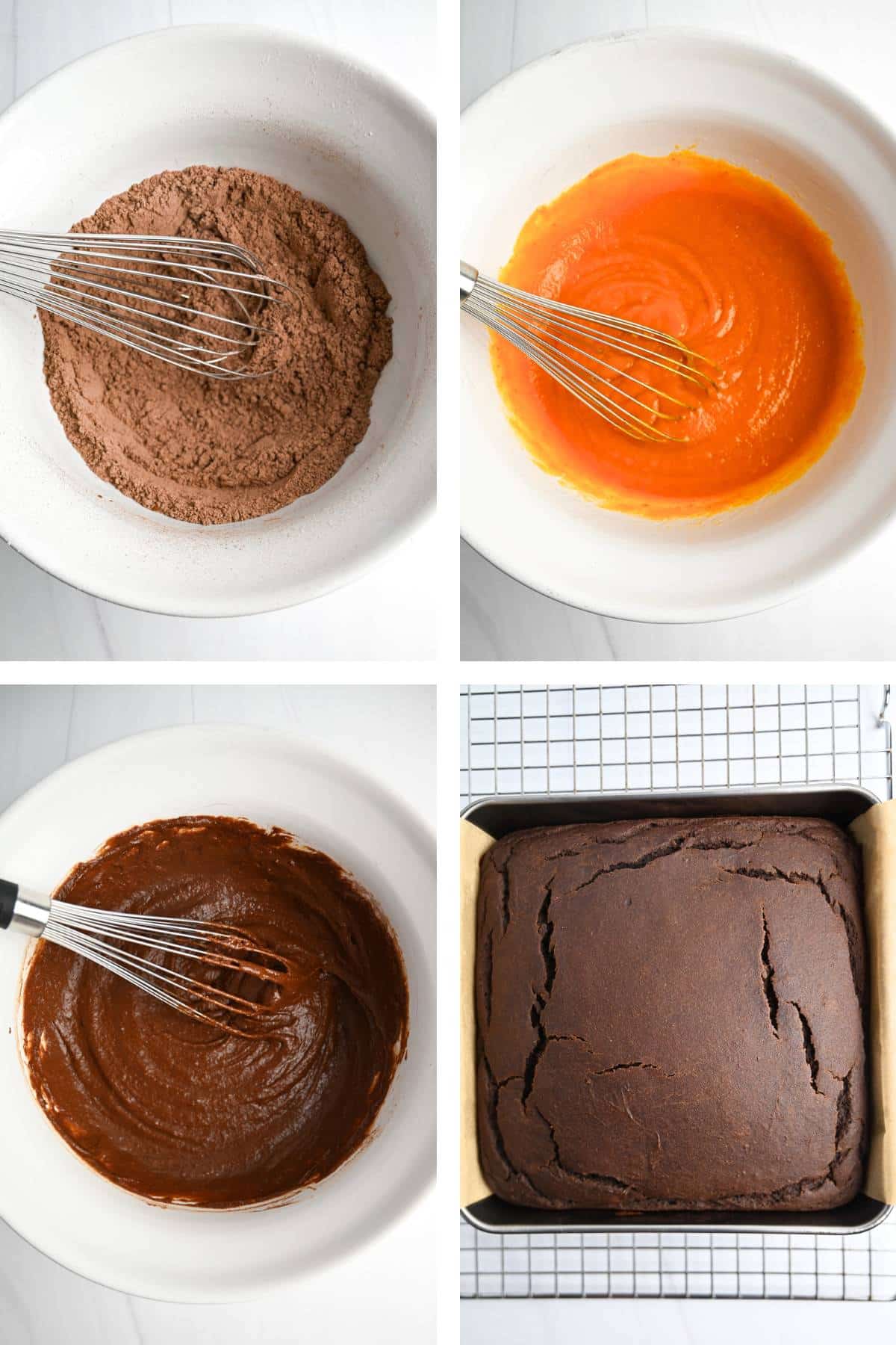 steps to make a chocolate pumpkin cake- mixing dry ingredients, wet ingredients, combined and baked in a pan