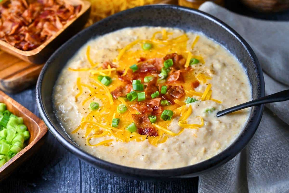 side view of a bowl of loaded potato soup