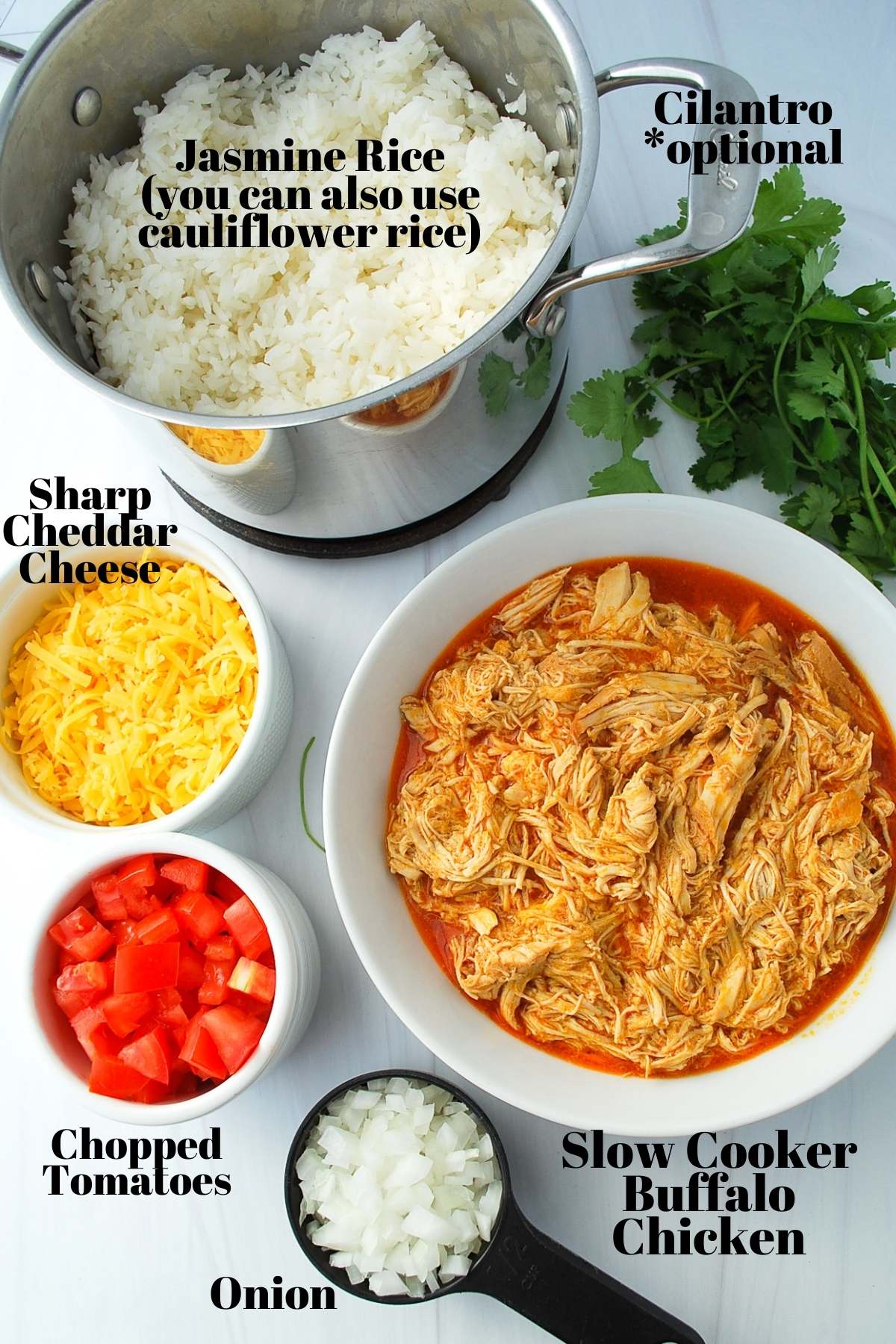ingredients for buffalo chicken meal prep labeled: rice, cilantro, shredded buffalo chicken, cheese, tomatoes, and onions