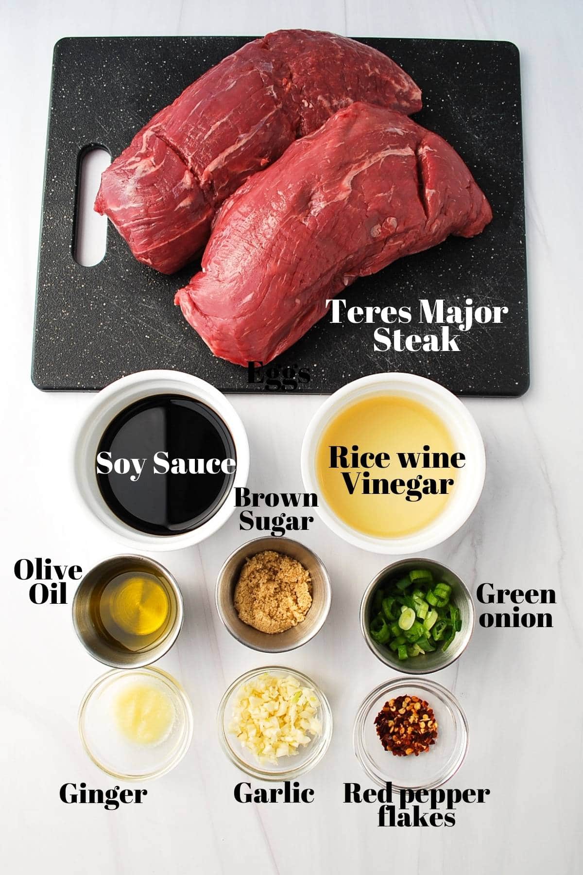 labeled  ingredients on the counter for grilled Teres major steak with an Asian beef marinade
