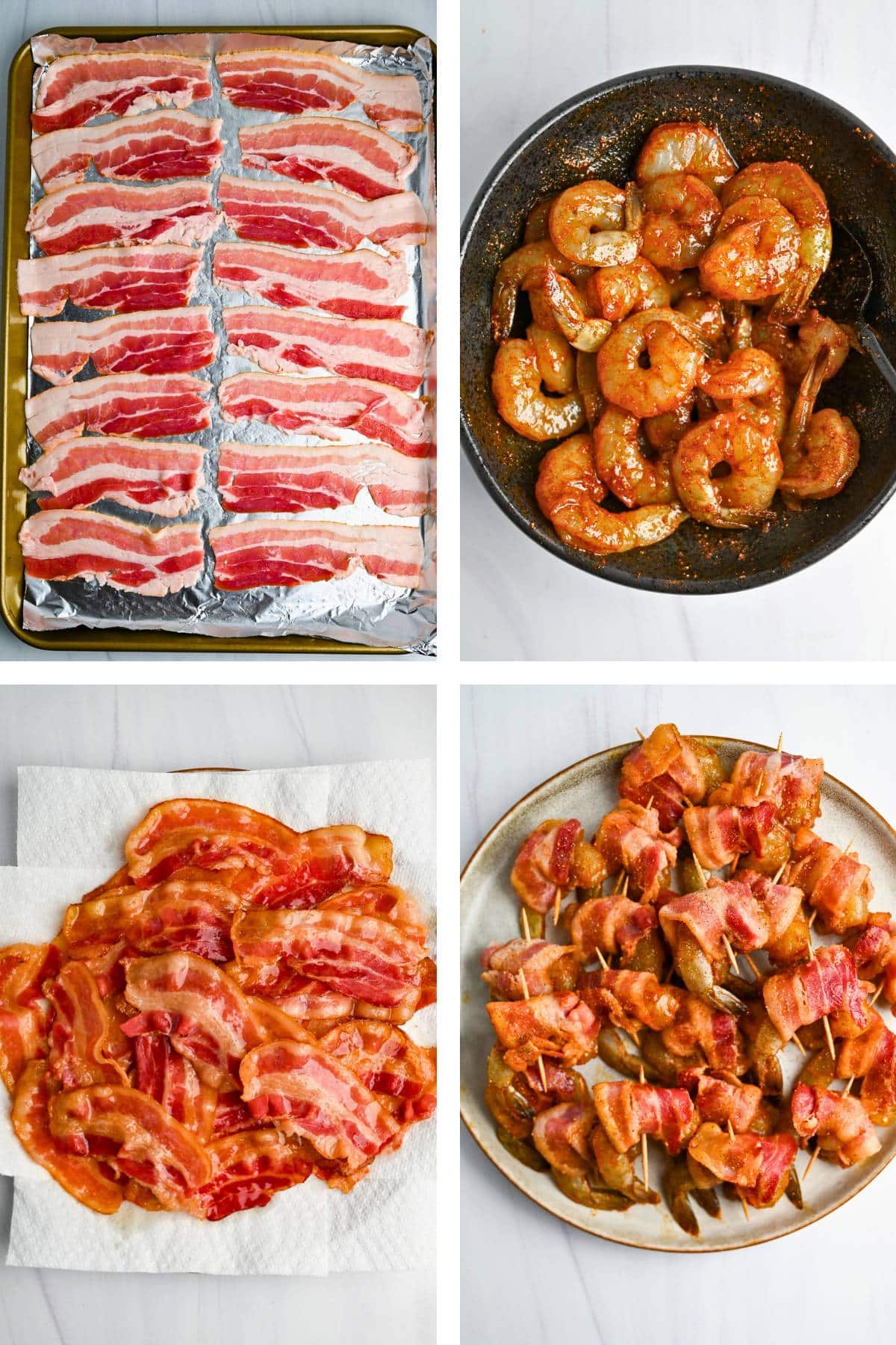 collage for steps to parcook bacon, marinated shrimp, and bacon wrapped around shrimp with a toothpick