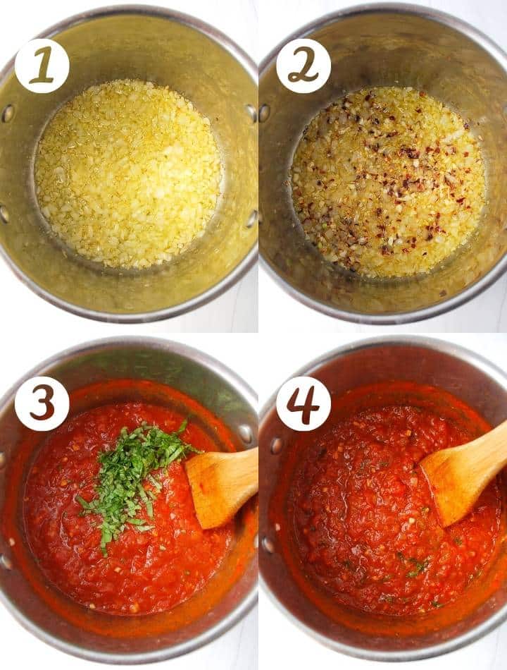 four step photos of making arrabiata sauce: cooked onions, added pepper flakes, added tomatoes and basil, stirred and finished