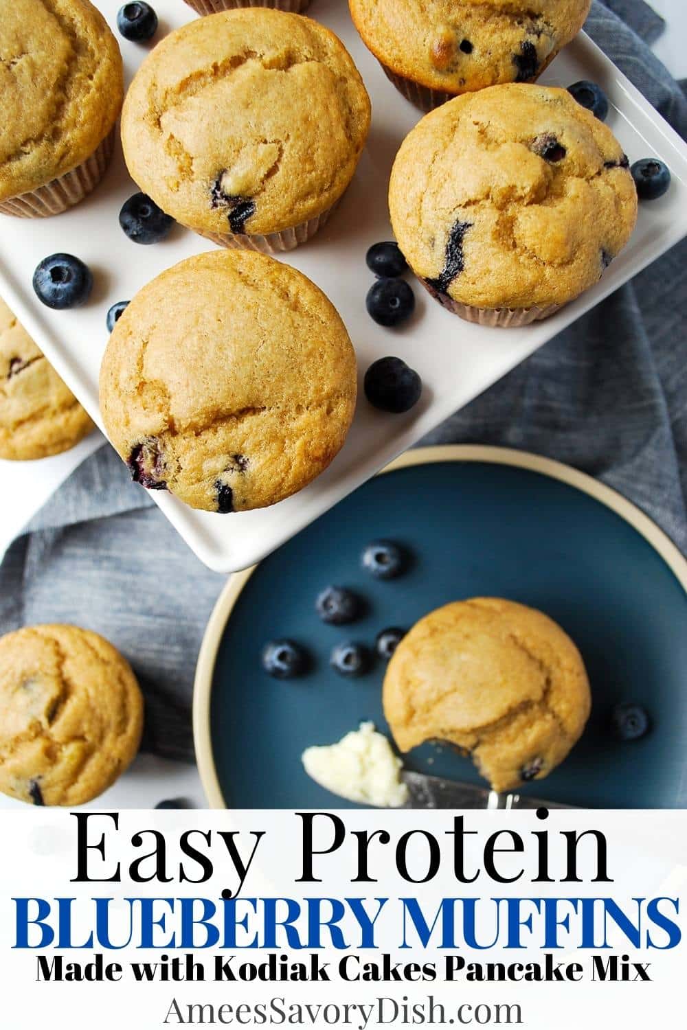 These delicious Protein Blueberry Muffins are quick and easy made with Kodiak flapjack mix, ripe bananas, and maple sugar. via @Ameessavorydish
