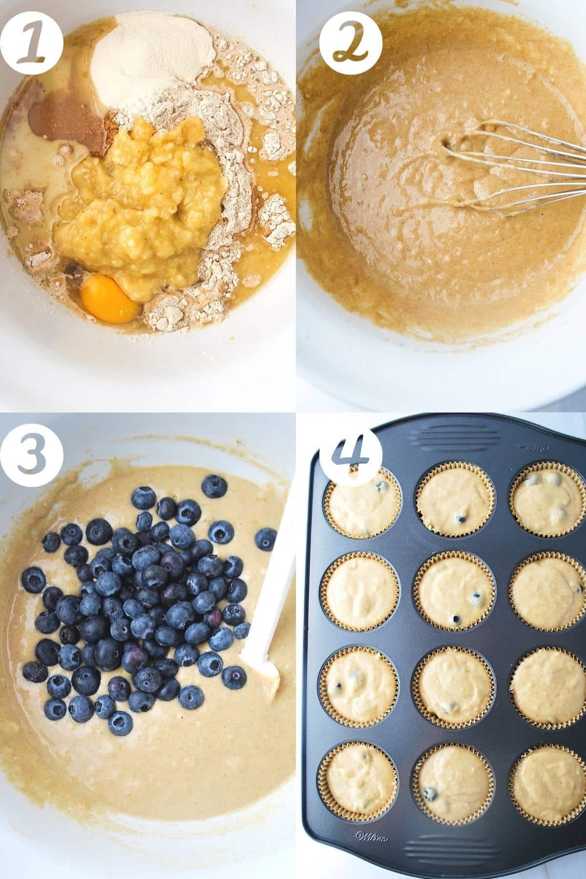 collage photo of steps to make high protein blueberry muffins