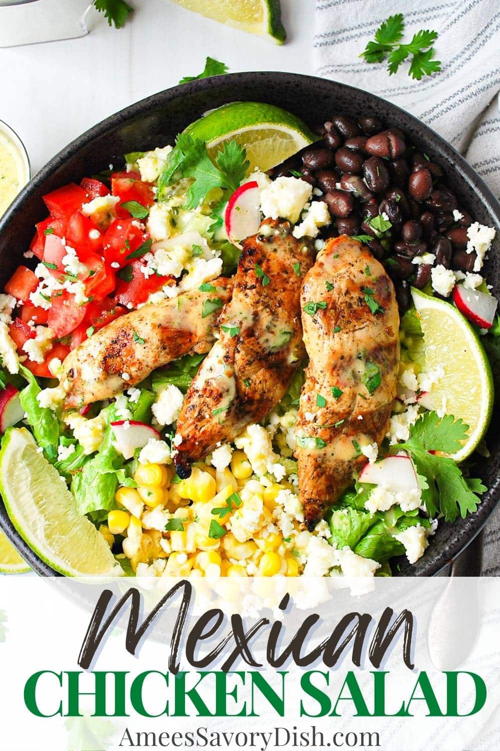 Juicy marinated grilled chicken tossed with crisp greens, fresh vegetables, black beans, queso fresco, and a creamy cilantro lime dressing. via @Ameessavorydish
