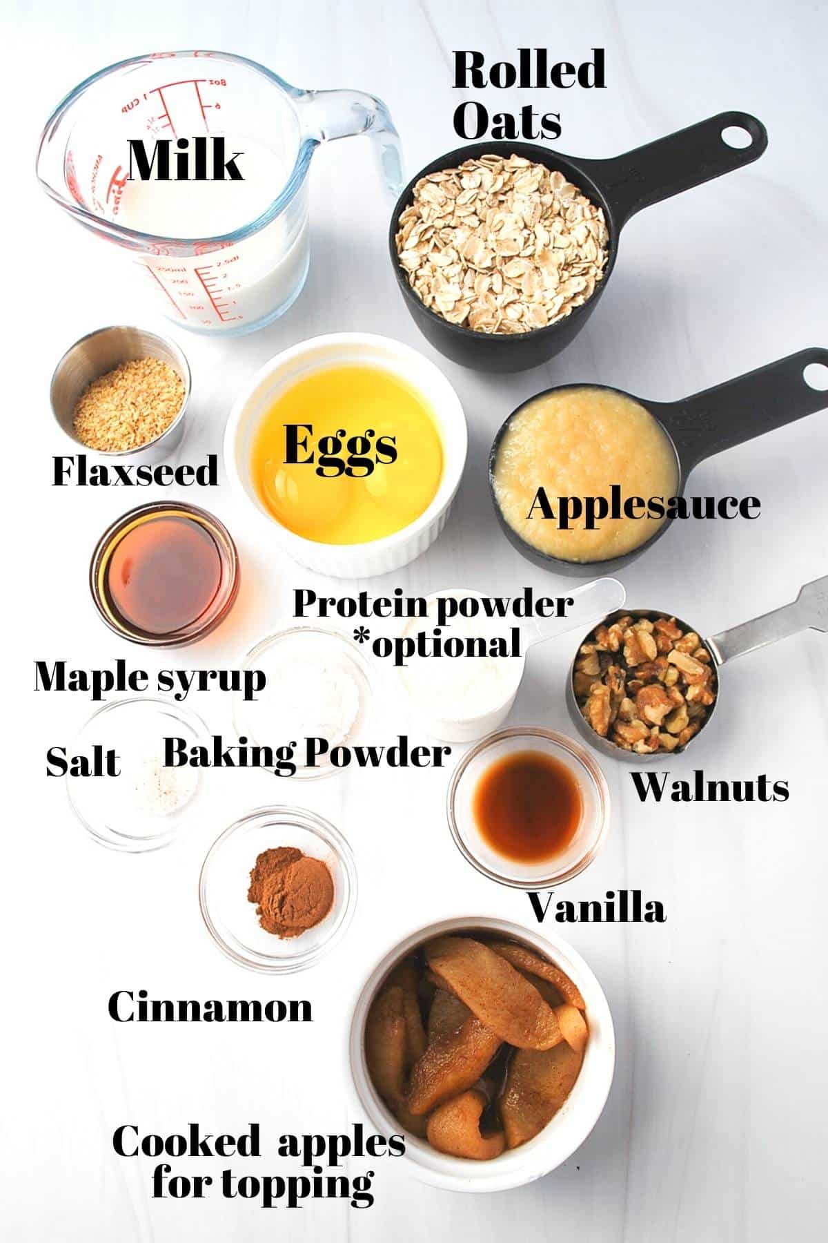 ingredients for apple pie baked oats measured out into dishes on a counter