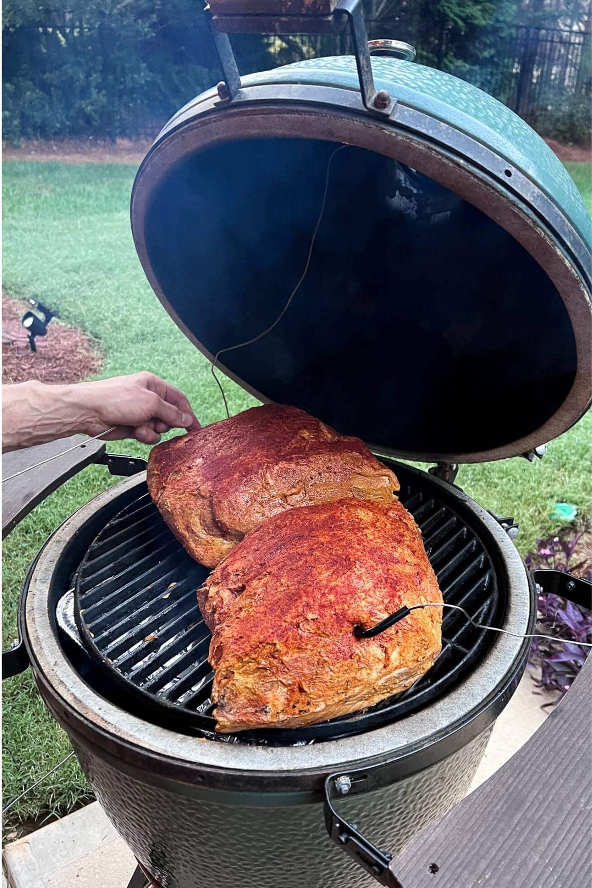seasoned boston butt roasts on a big green egg with a thermometer probe inserted inside