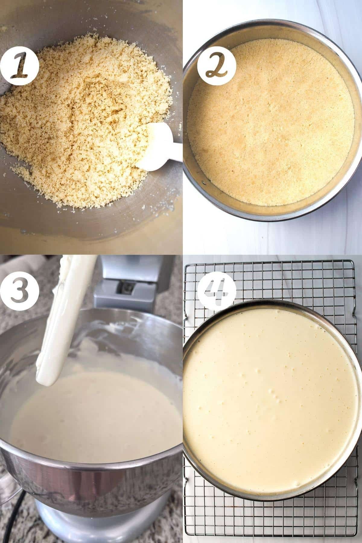 four baking steps for making a low carb keto lemon cheesecake