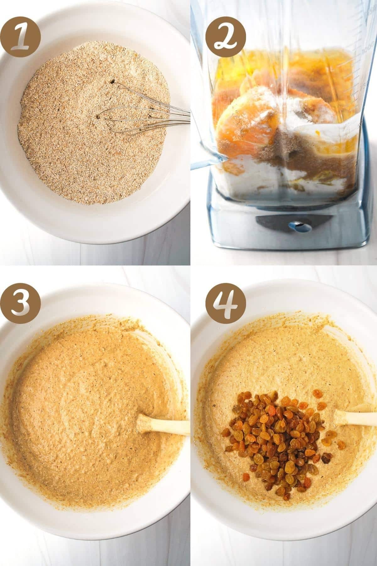 collage photo of steps to make flaxseed muffin batter