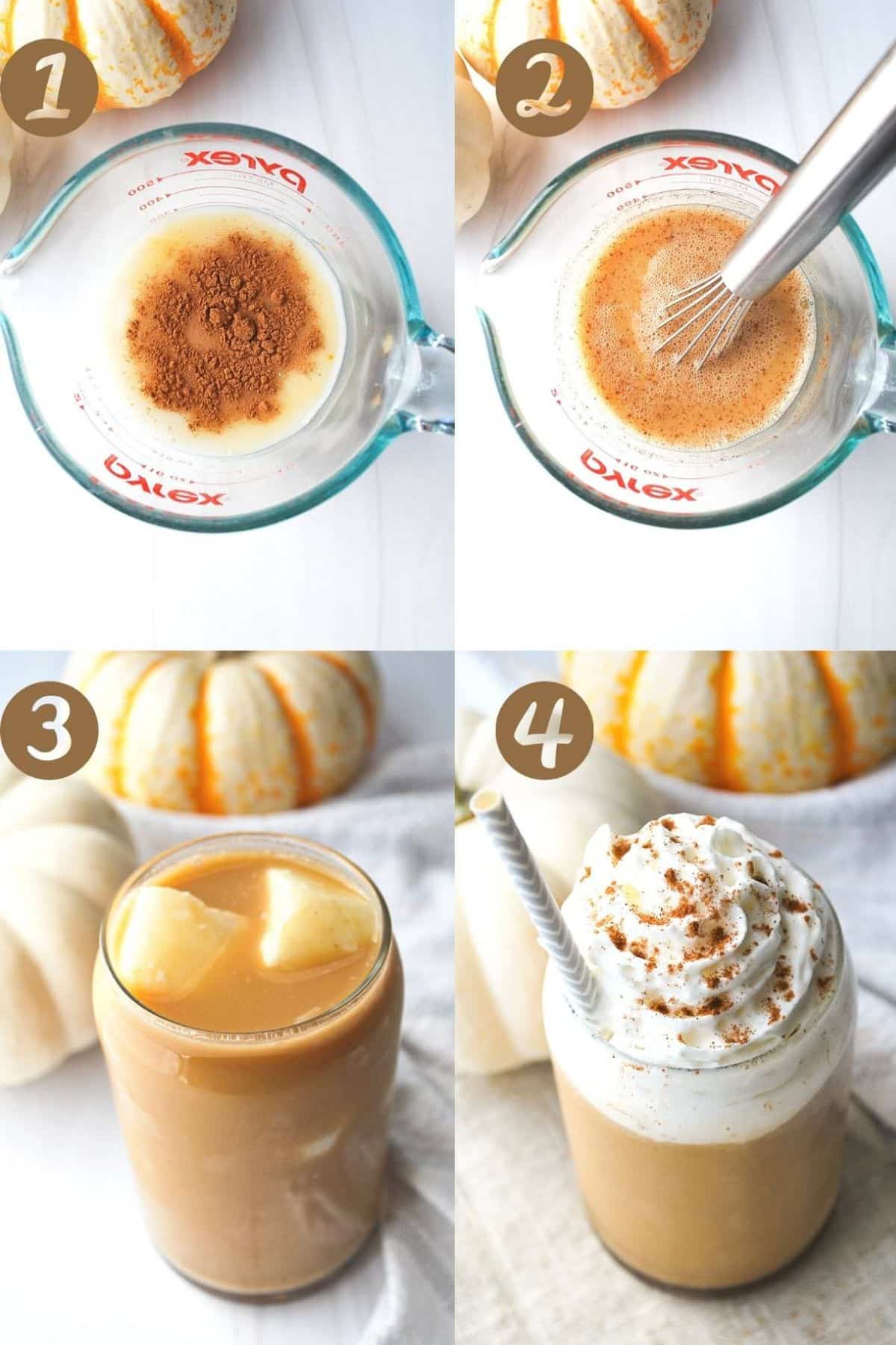 collage photo of steps to make a pumpkin spice latte from scratch