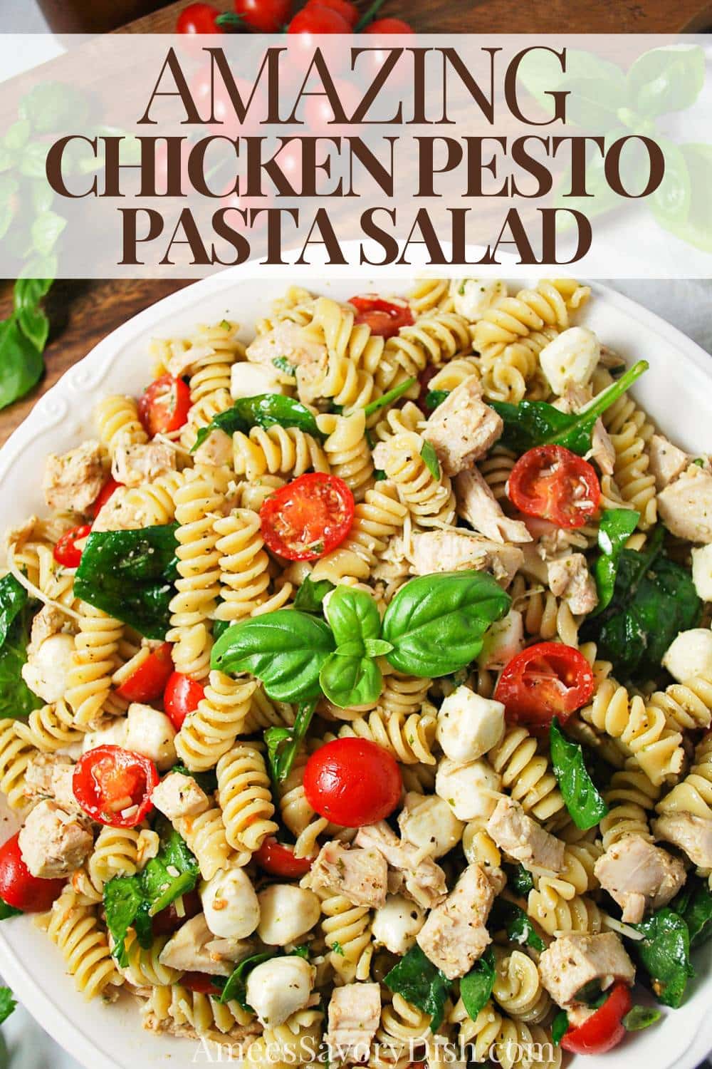 A delicious pasta salad made with tender chicken, tomatoes, baby spinach, fresh basil, and rich Italian cheese tossed in a flavorful pesto dressing. via @Ameessavorydish