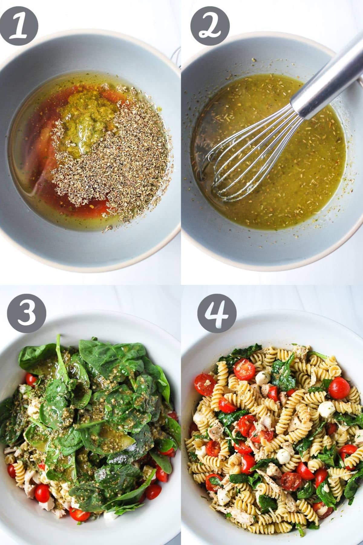 collage photo of making the dressing and assembling a pasta salad in a bowl