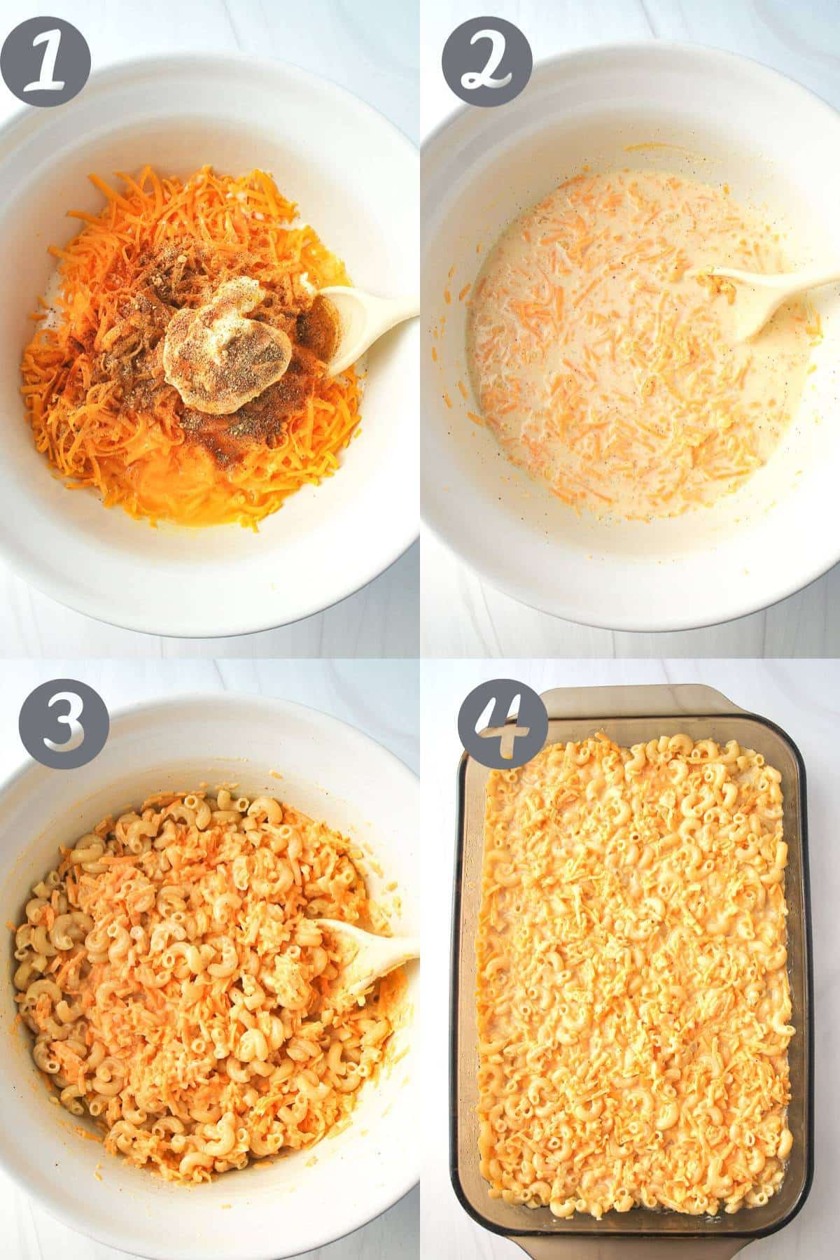 collage of making southern mac and cheese in four steps