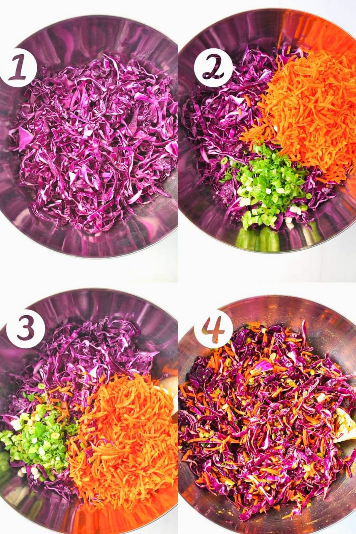 a collage photo of making purple coleslaw
