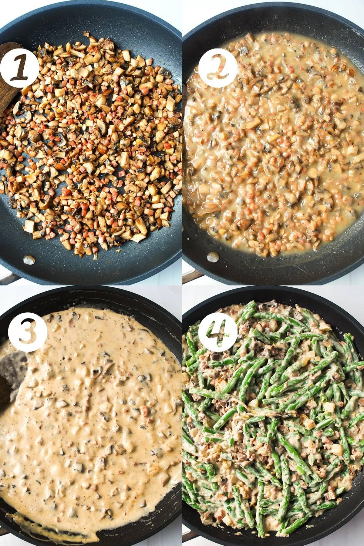 skillet green bean casserole -four photos of assembling skillet green bean casserole before baking