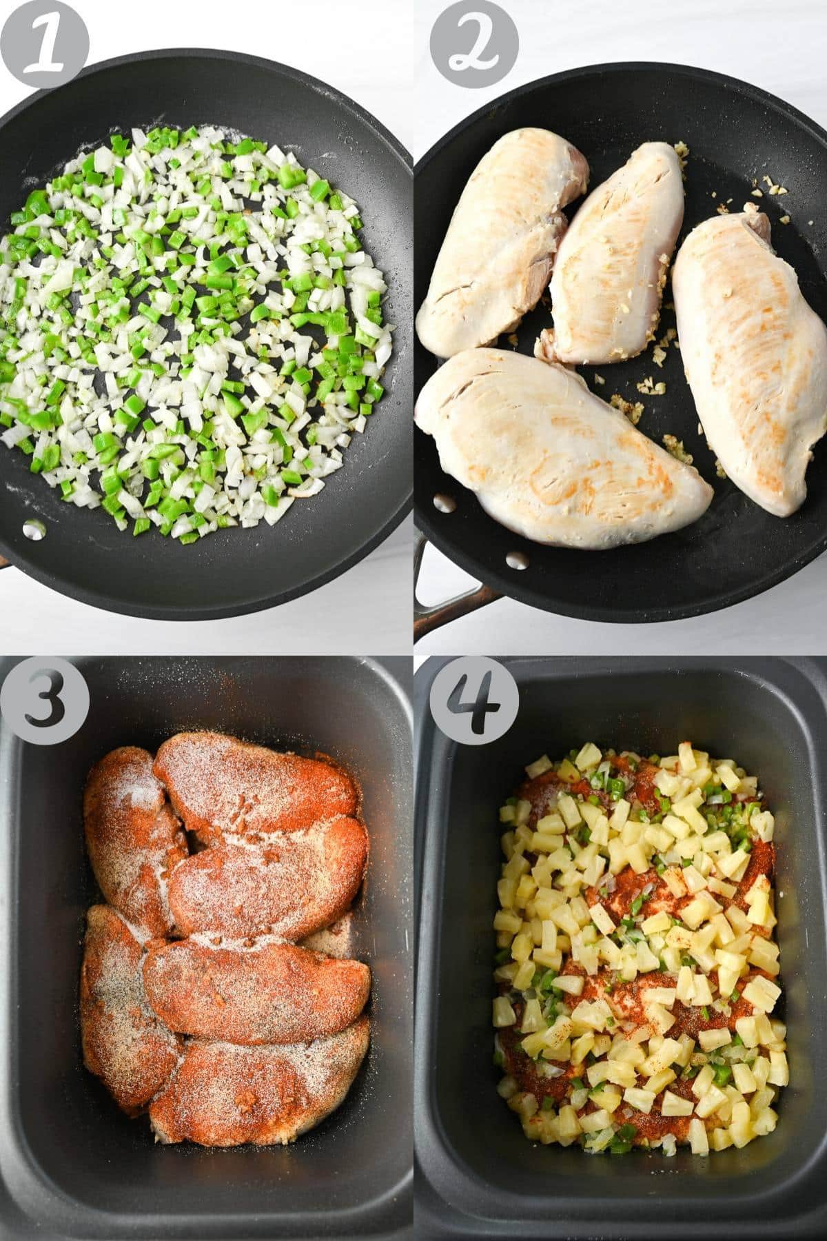 collage of making bbq chicken with pineapple in a crockpot