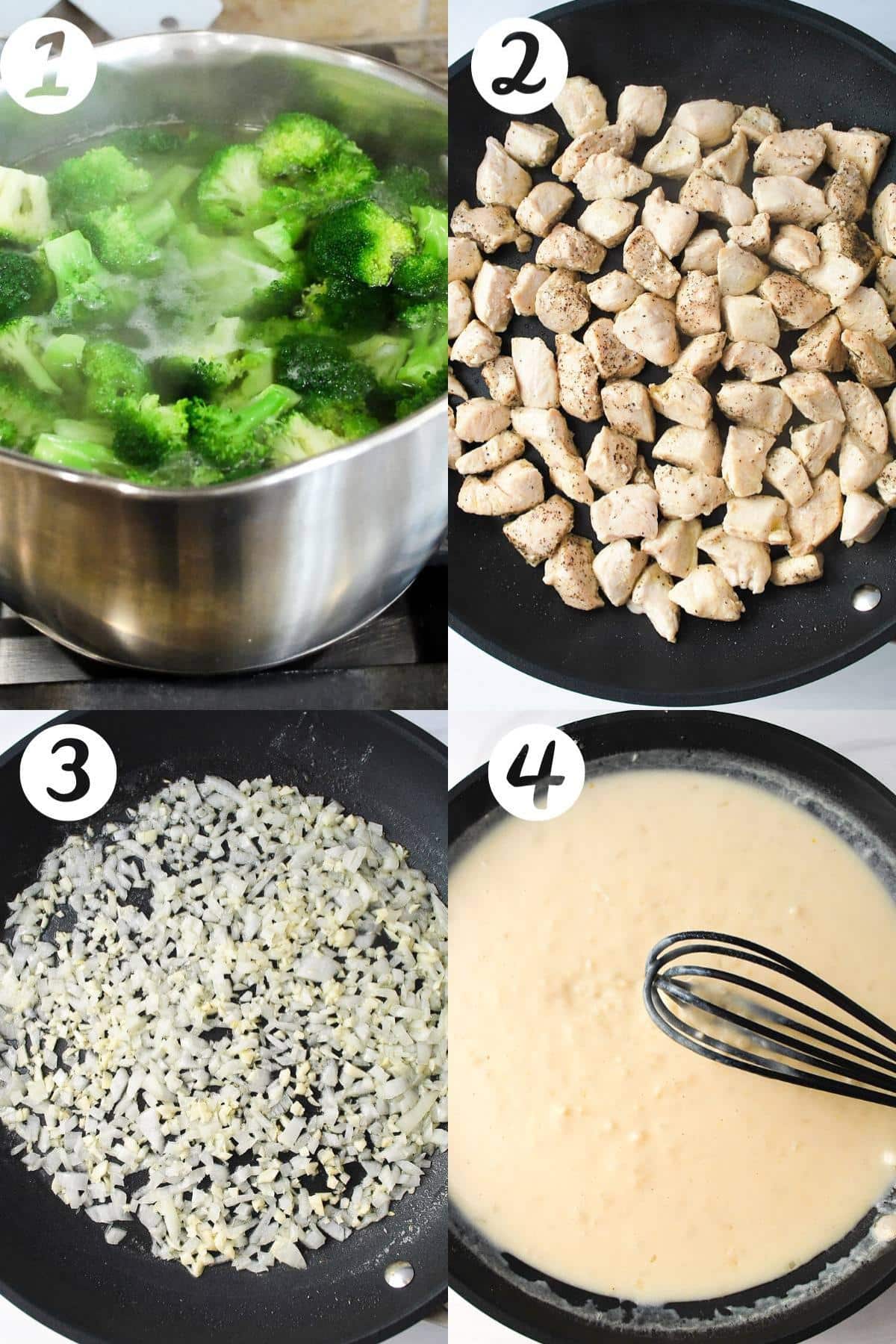 a collage photo of blanching broccoli in a pot, sauteing chicken, onions, and making the cream sauce