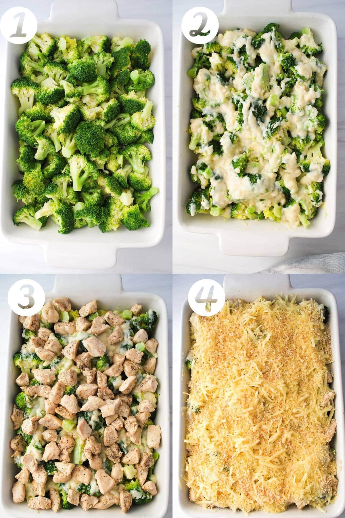 a collage photo of blanching broccoli in a pot, sauteing chicken, onions, and making the cream sauce