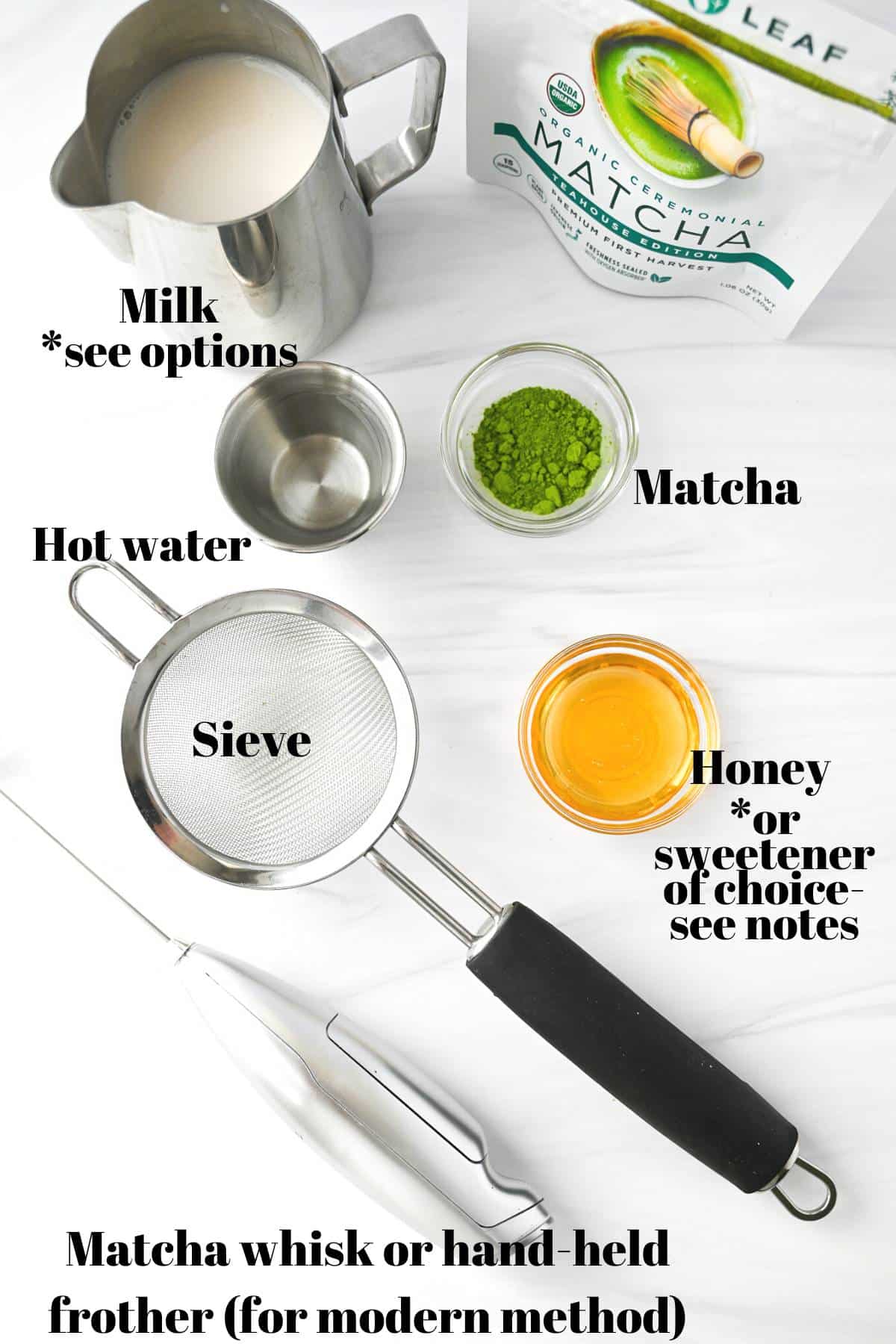matcha milk tea ingredients measured on a counter