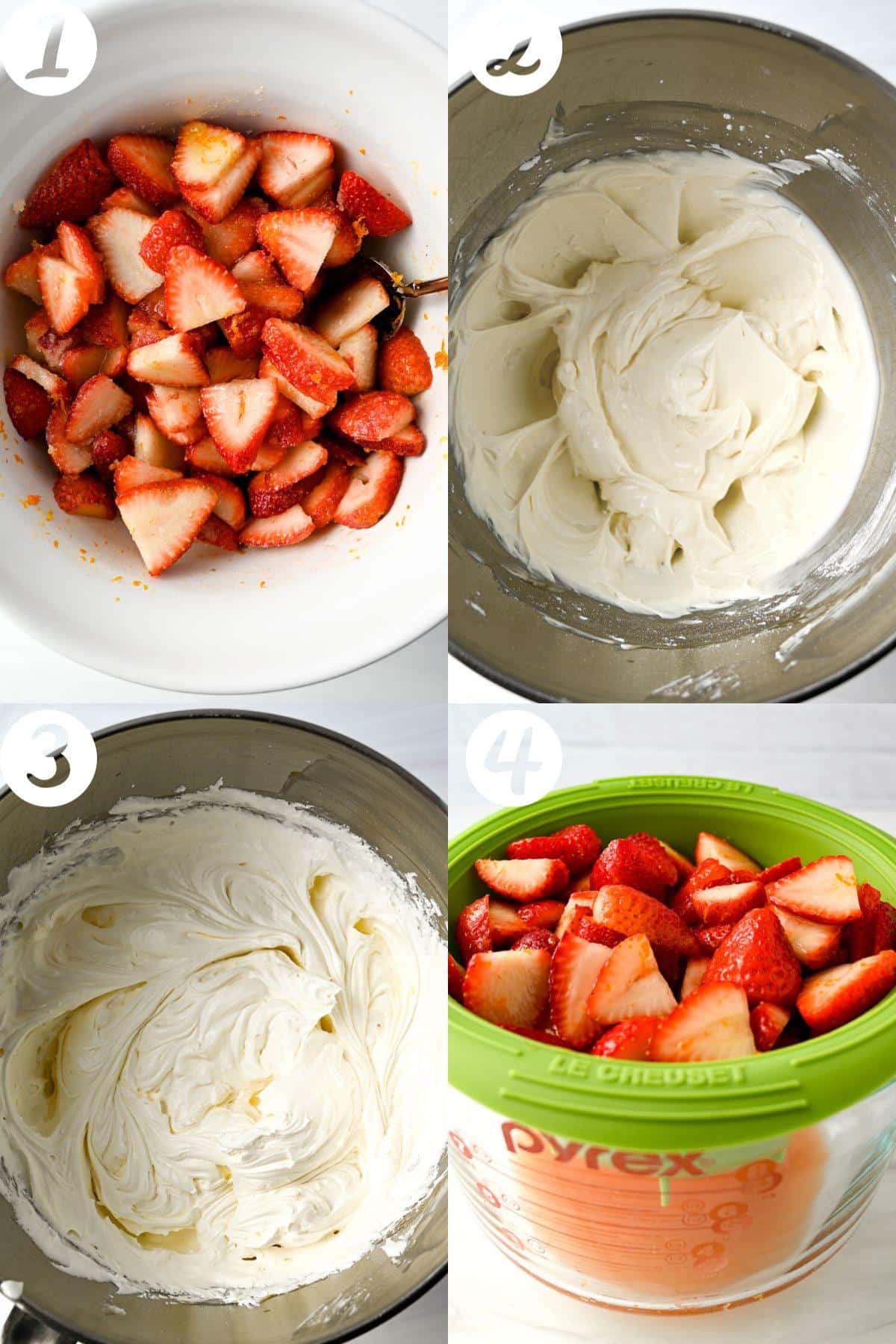four steps to making a trile with fresh cut strawberries in a bowl, the cheesecake filling mixed and macerated berries in a colander over a bowl