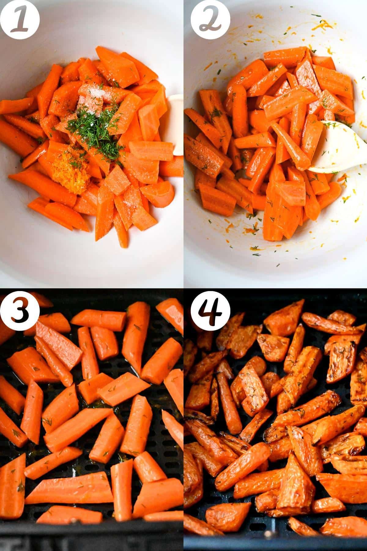 steps photos for air fryer roasted carrots: in a bowl tossed with seasoning, in the air fryer basked and cooked