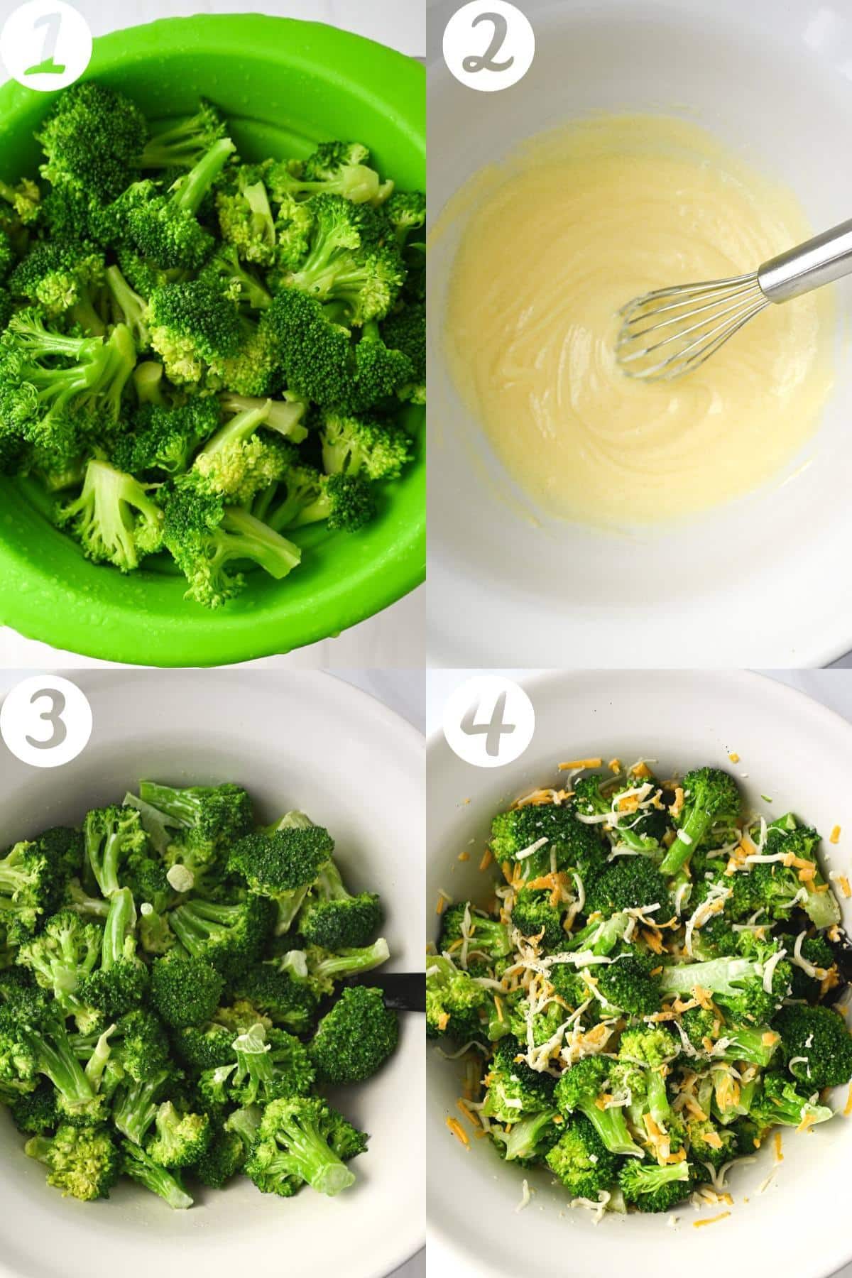 collage photo of steps to make broccoli salad: blanching, making the dressing, in a bowl and tossed with sauce 