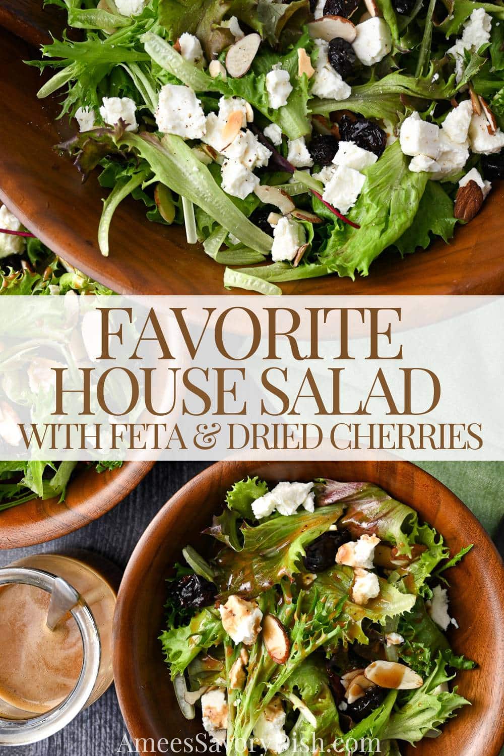 This house salad features toasted almonds, dried cherries, crumbled feta, and crisp salad greens tossed in the BEST creamy balsamic vinaigrette dressing. via @Ameessavorydish