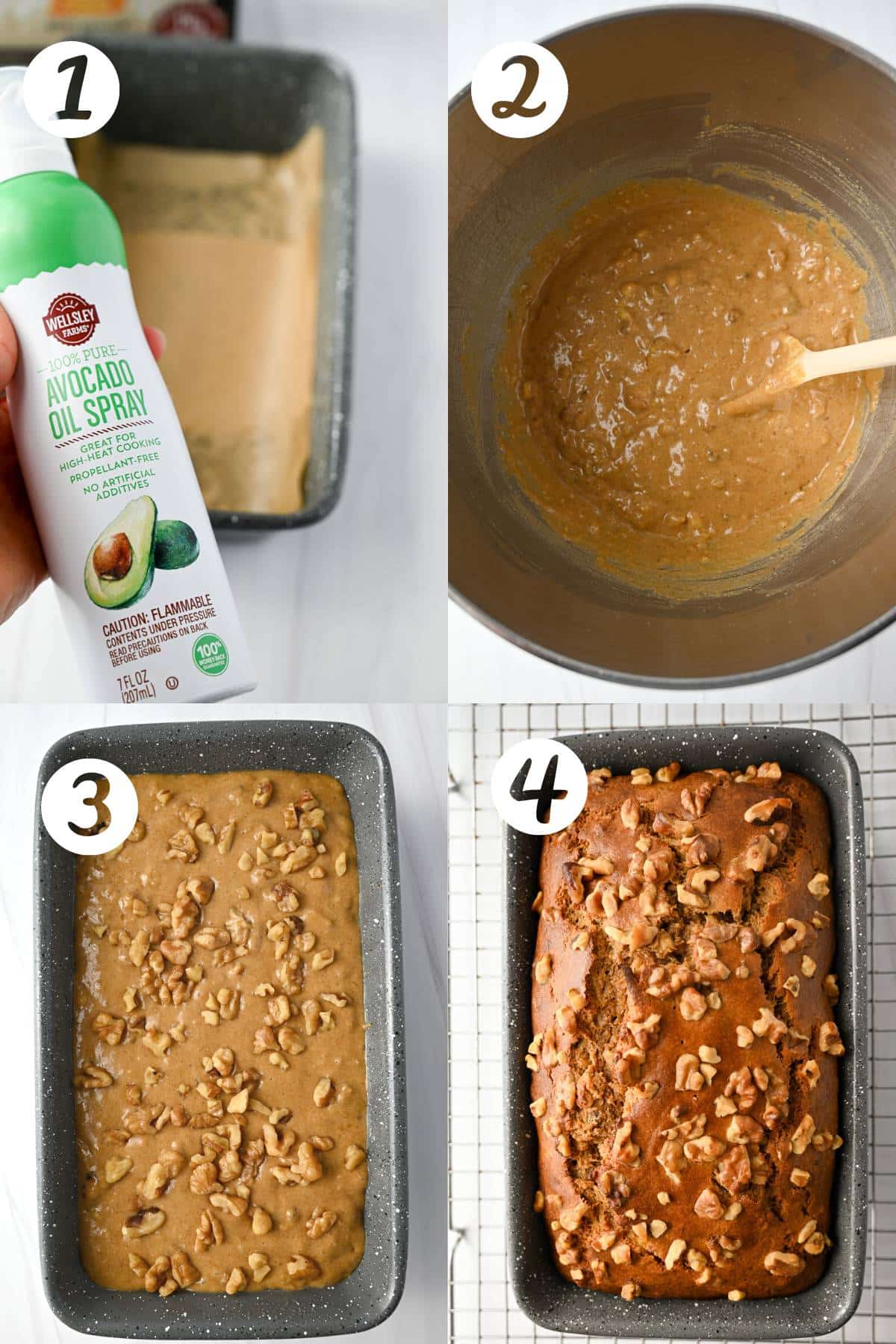 collage photo of steps to make protein banana bread: pan prep, mixed in a bowl, poured in a loaf pan and baked with nuts on top