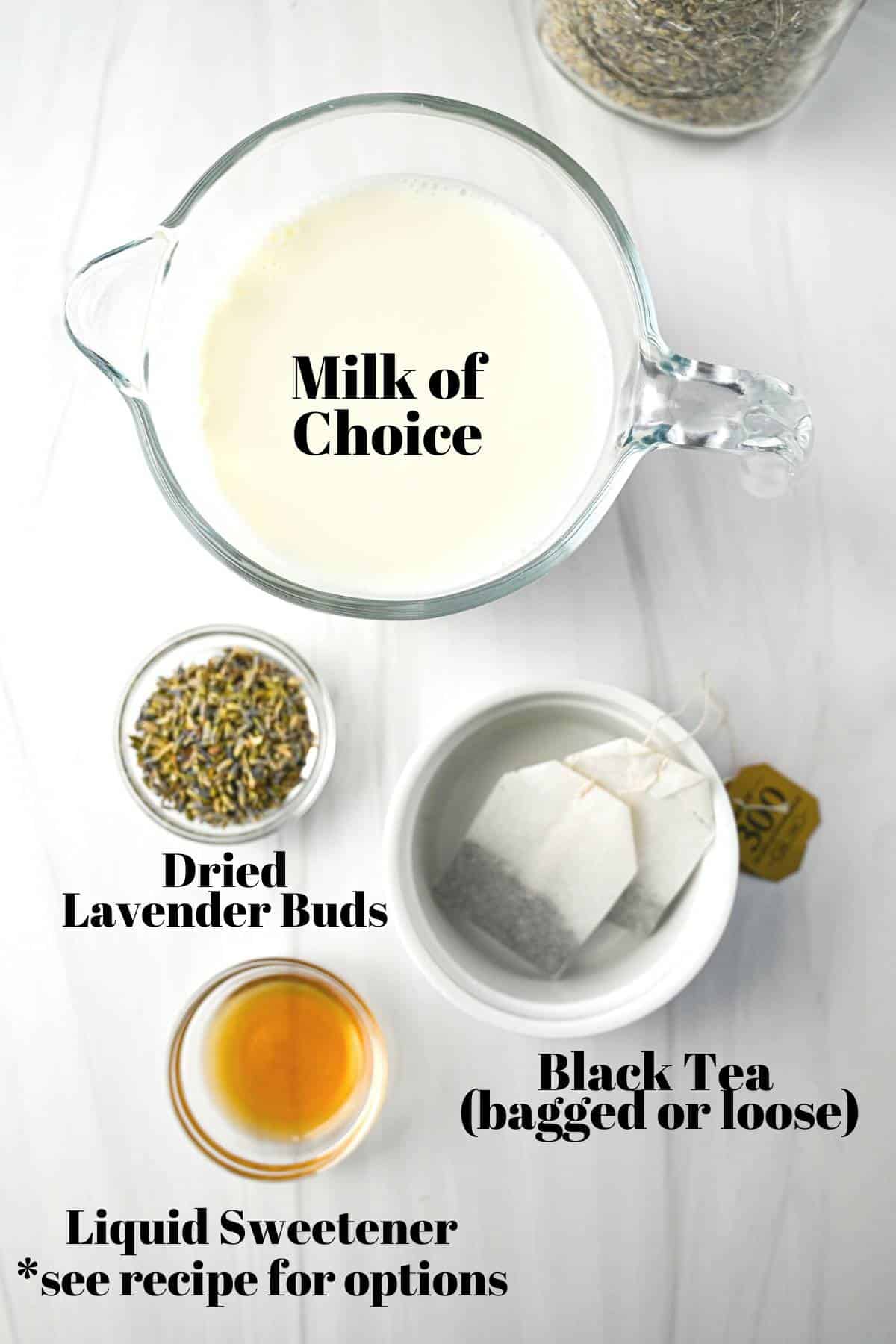 ingredients for lavender milk tea on a counter