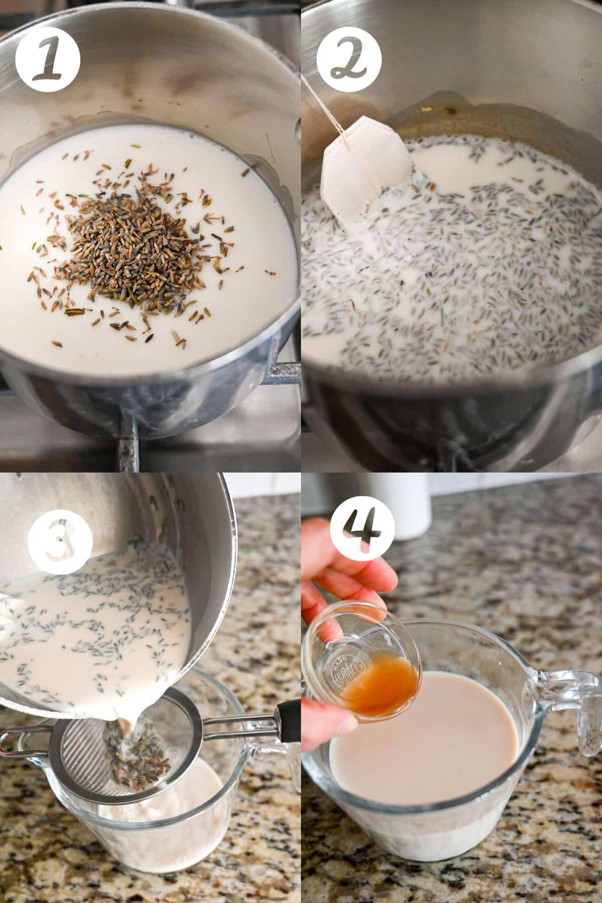 collage photo of making lavender milk tea