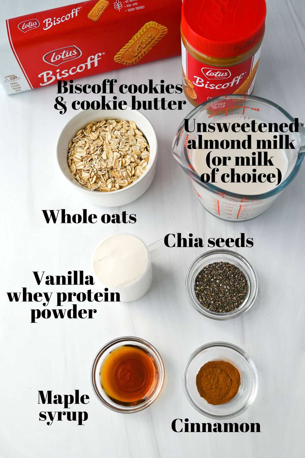ingredients for biscoff overnight oatmeal measured out on a counter
