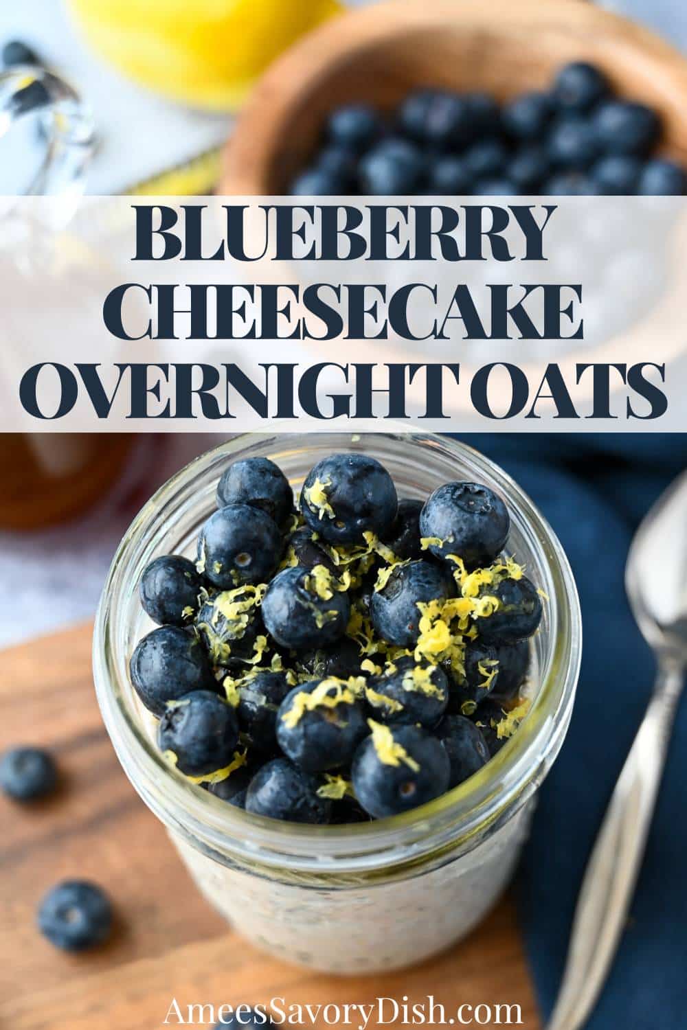 These thick and creamy cheesecake-flavored oats are topped with juicy blueberries for a healthy protein--packed breakfast that tastes like dessert! via @Ameessavorydish
