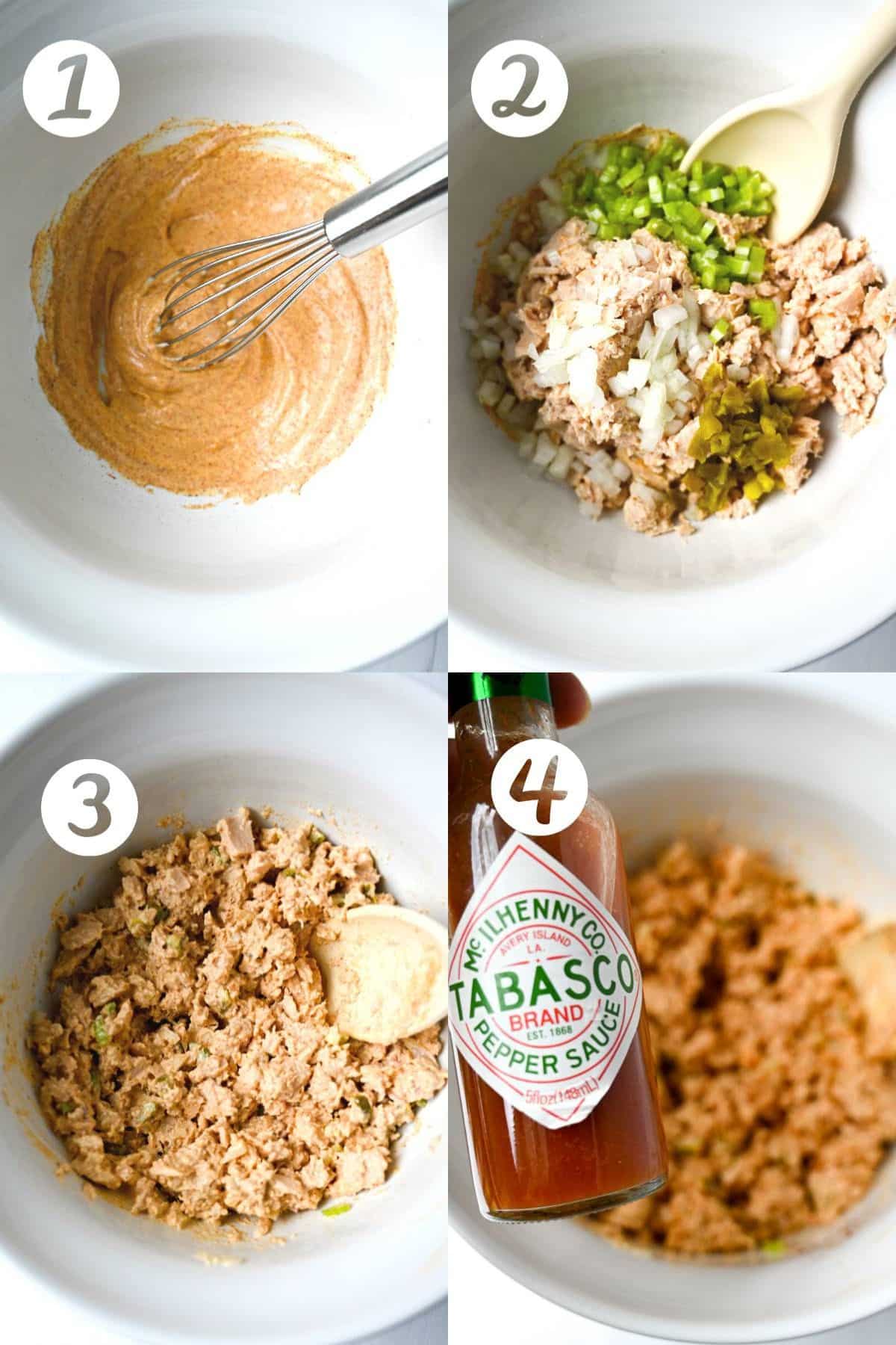 step photo of making spicy tuna salad: dressing mixed, added veggies, tuna, and spices, stirred together, and seasoned with hot sauce