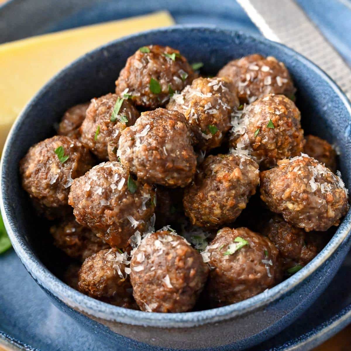 close up of a bowl of bison meatballs