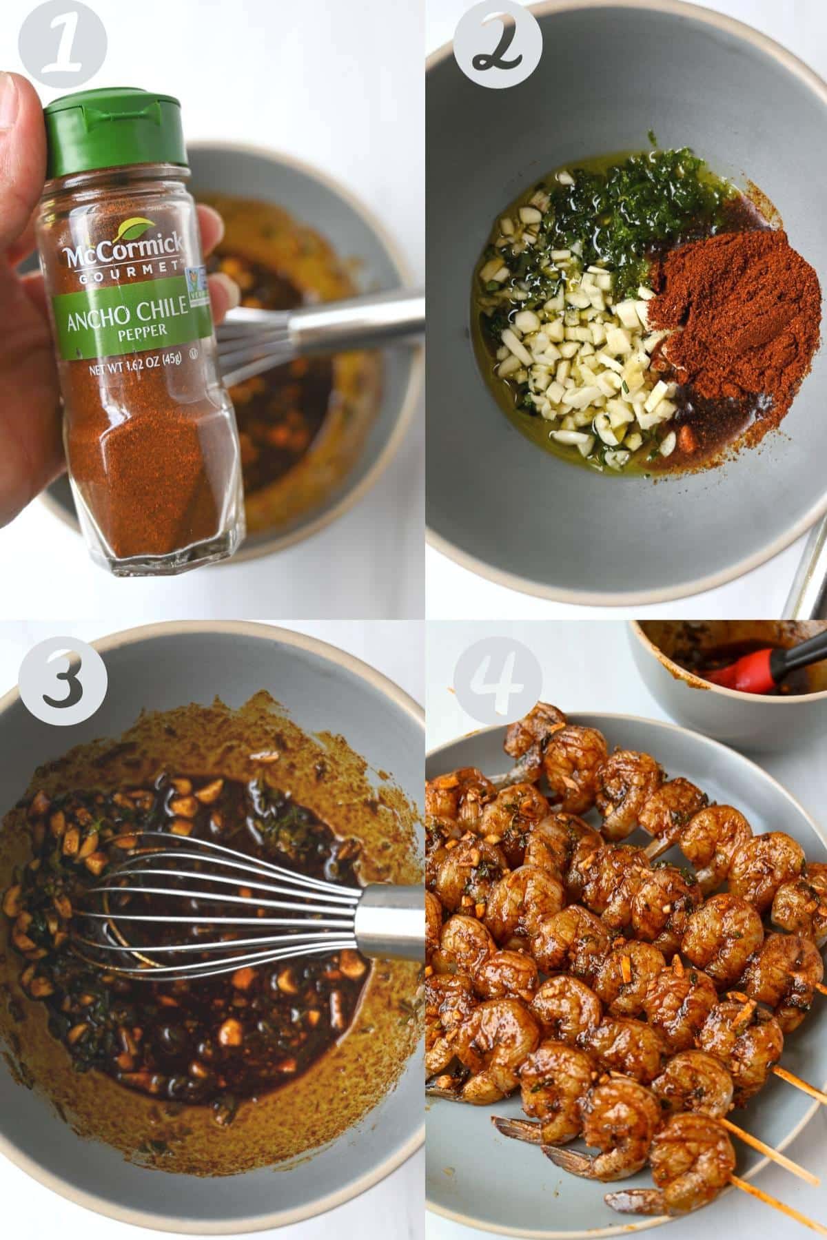 collage of steps to make the shrimp: bottle of ancho chili powder, marinade ingredients in a bowl, marinade mixed, marinade brushed onto shrimp