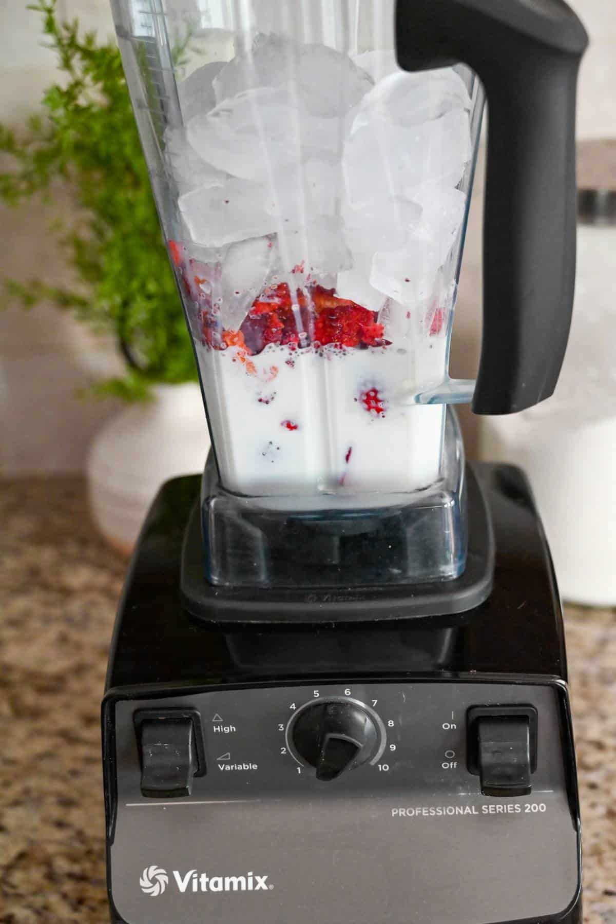 ingredients for strawberry ice cream in a vitamix blender