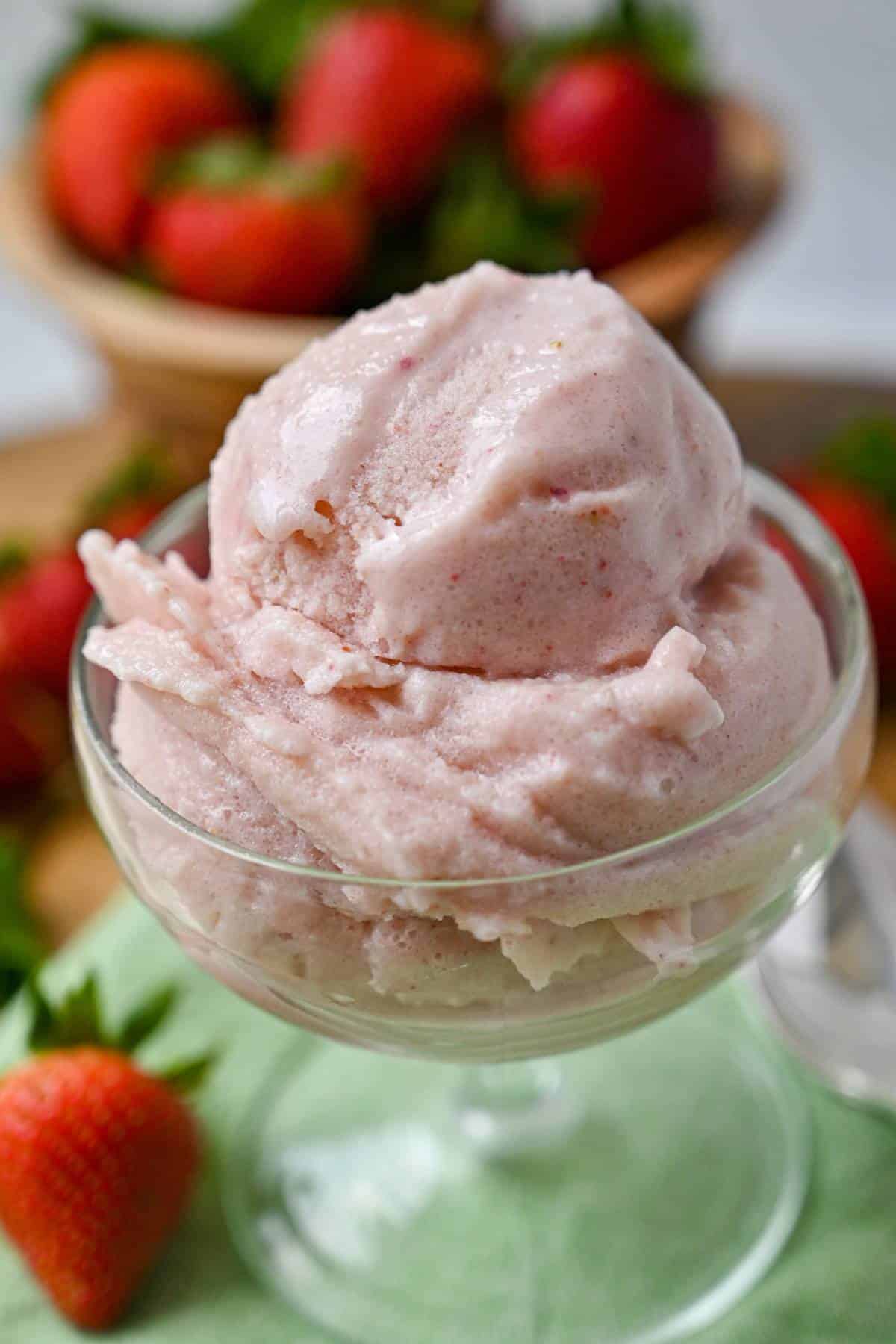 a dish of strawberry ice cream with strawberries around it