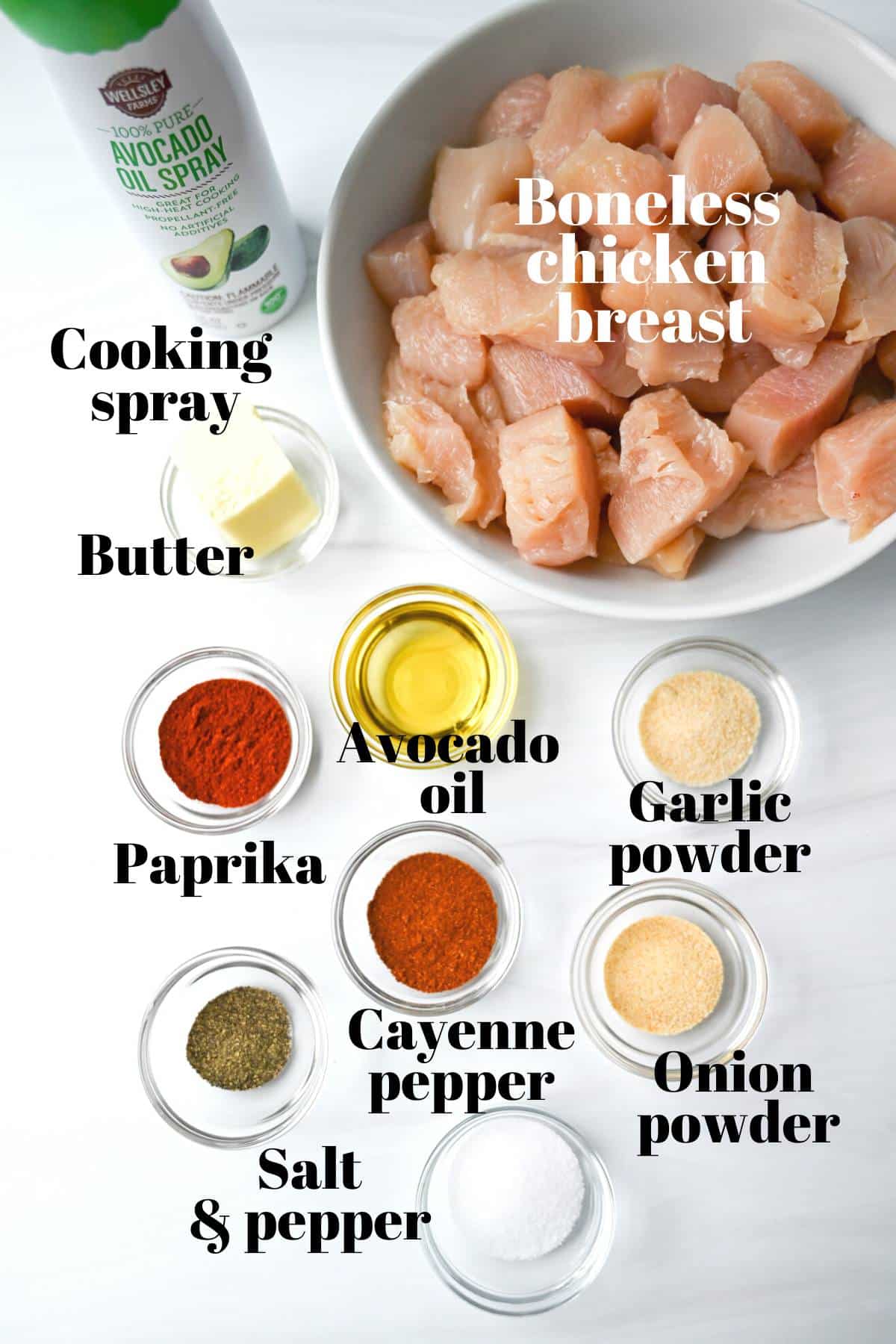 ingredients for spicy chicken bites measured out on a counter 