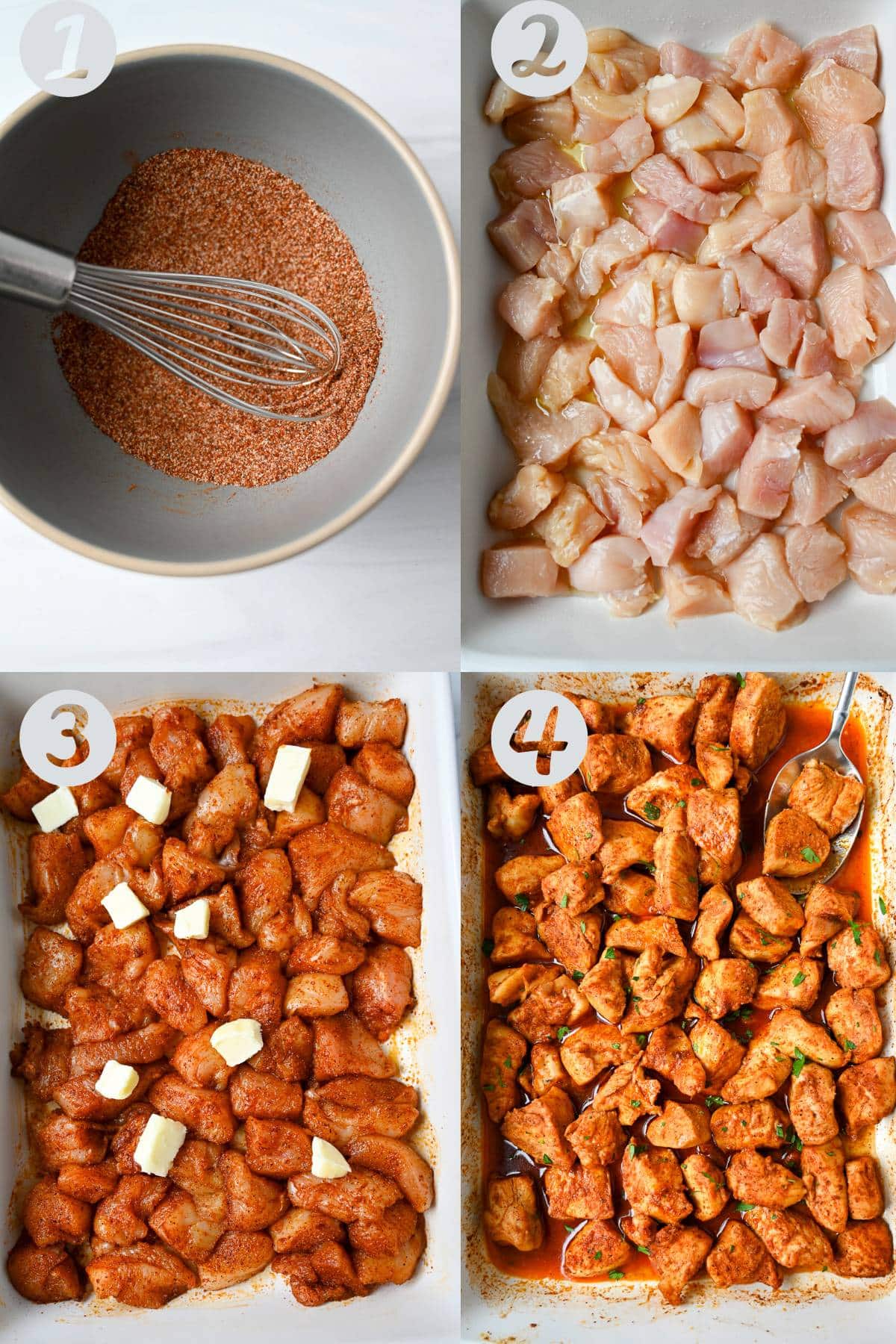 collage photo of steps to make spicy chicken bites: mixing the seasoning, chicken in the pan, tossed in seasoning and baked