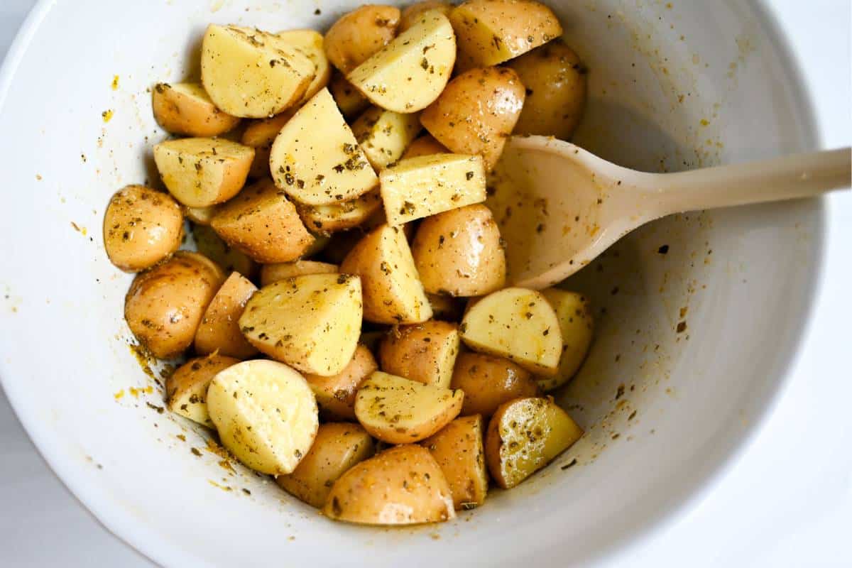 chopped potatoes tossed in a lemon olive oil herb seasoning blend